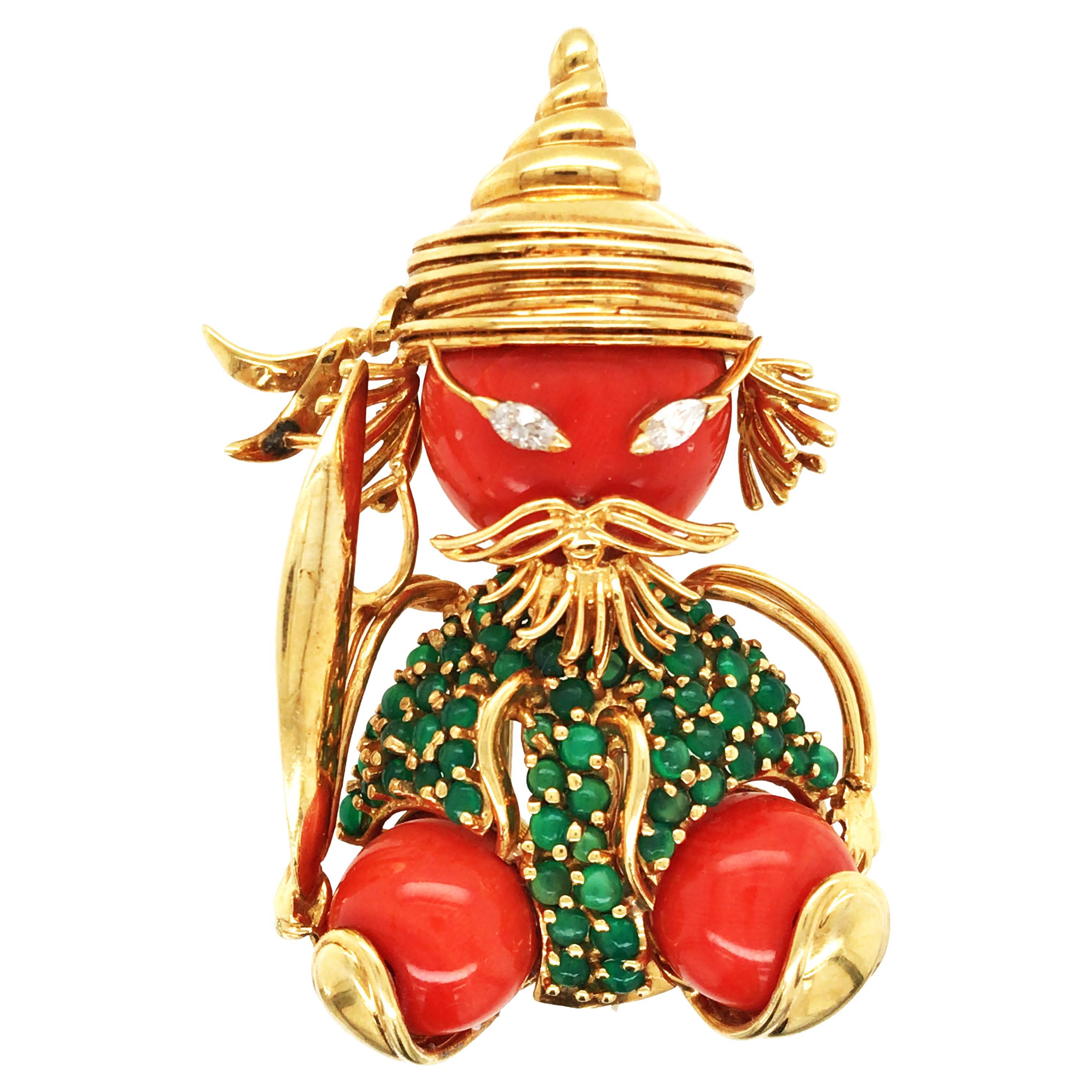 18K Gold Coral Chrysoprase Diamond Brooch