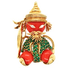 18K Gold Coral Chrysoprase Diamond Brooch