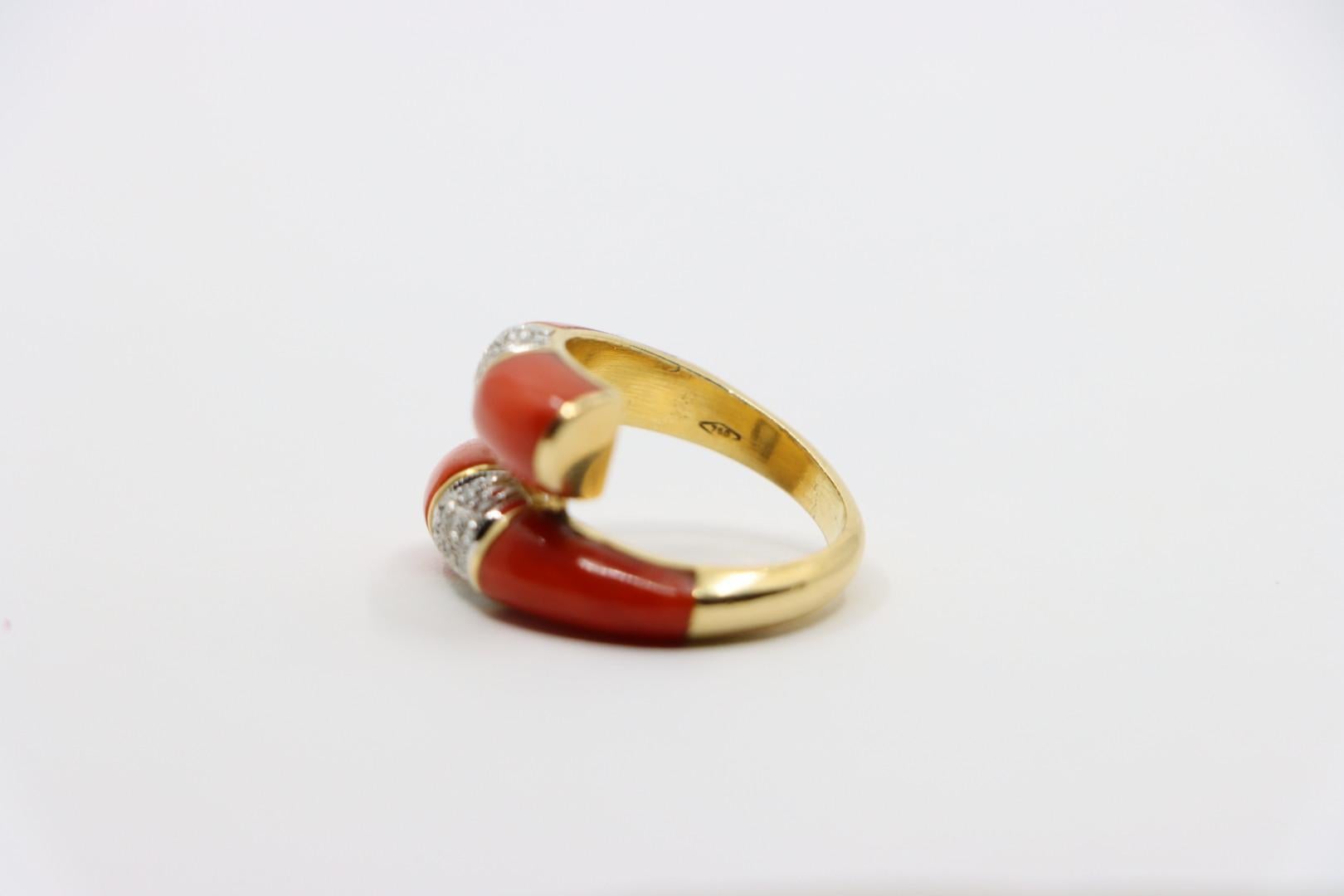 18K Gold Coral Diamonds Ring Bypass Ring For Sale 6