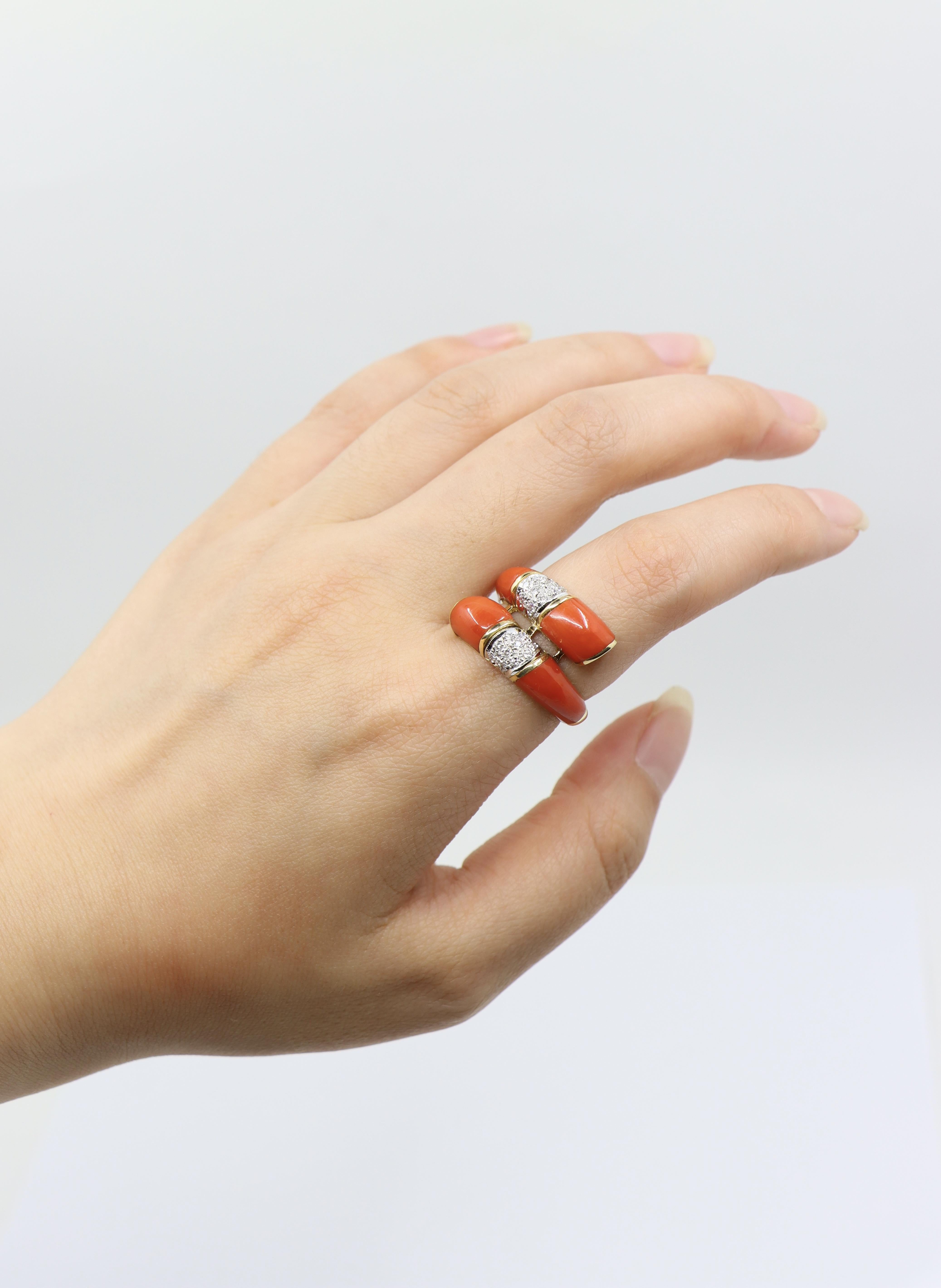 18K Gold Coral Diamonds Ring Bypass Ring

Approximate Dimensions:
7.75 (Ring Size) 
0.3 cm - 1.4 cm (Width)
10.8 grams in weight.