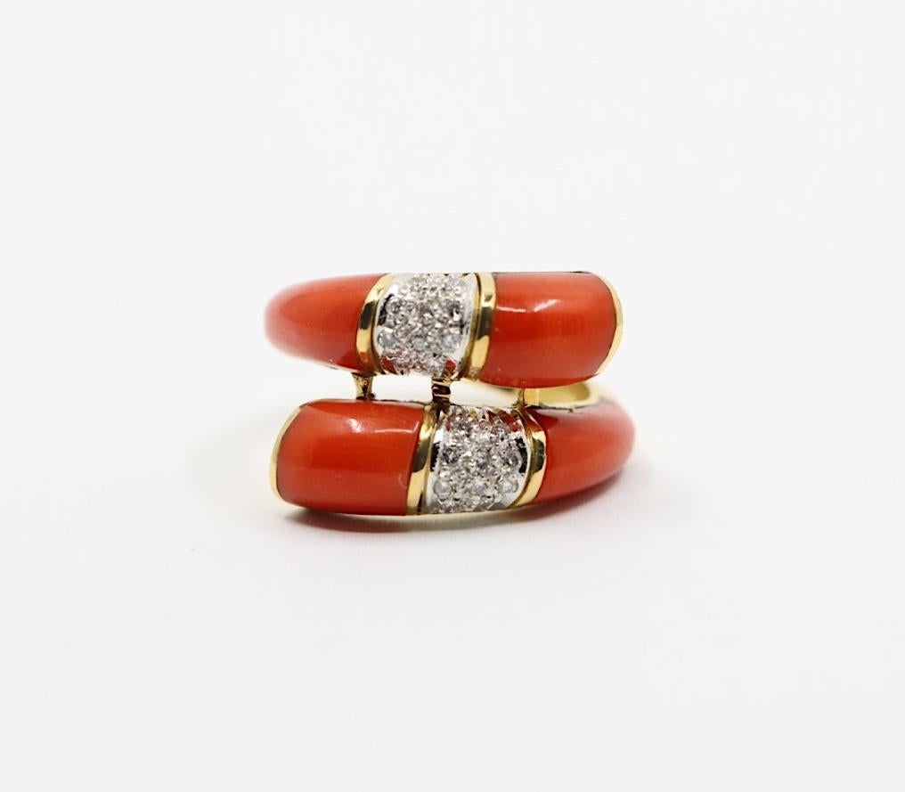 Uncut 18K Gold Coral Diamonds Ring Bypass Ring For Sale