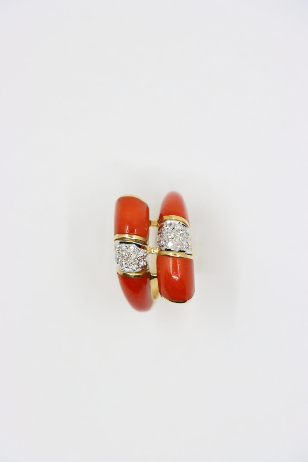 Women's or Men's 18K Gold Coral Diamonds Ring Bypass Ring For Sale