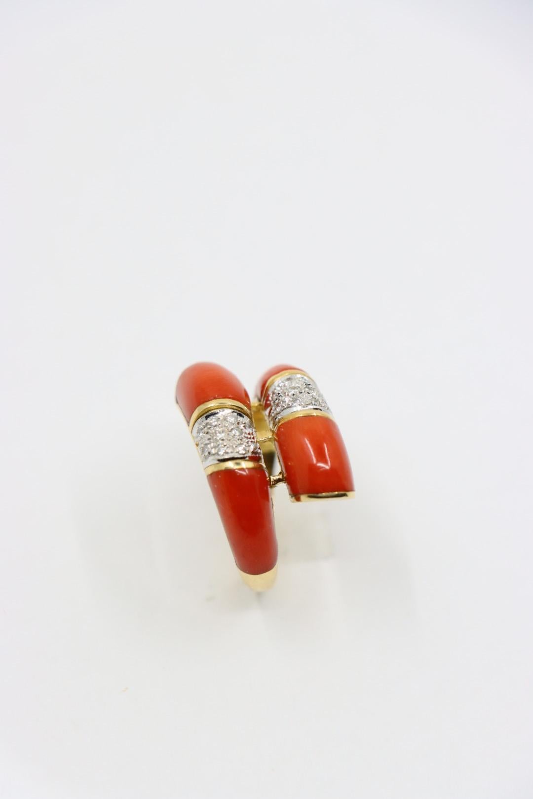 18K Gold Coral Diamonds Ring Bypass Ring For Sale 1