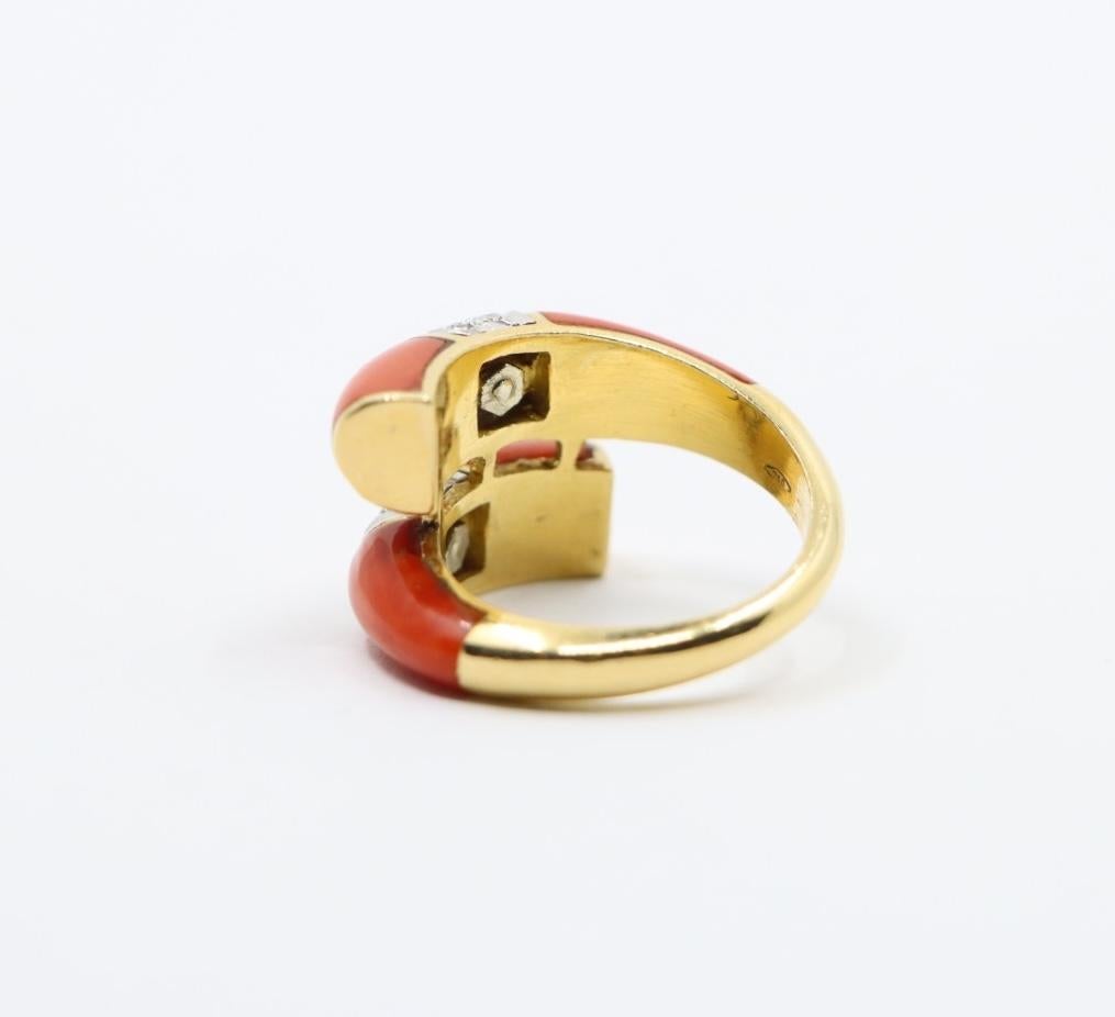 18K Gold Coral Diamonds Ring Bypass Ring For Sale 2