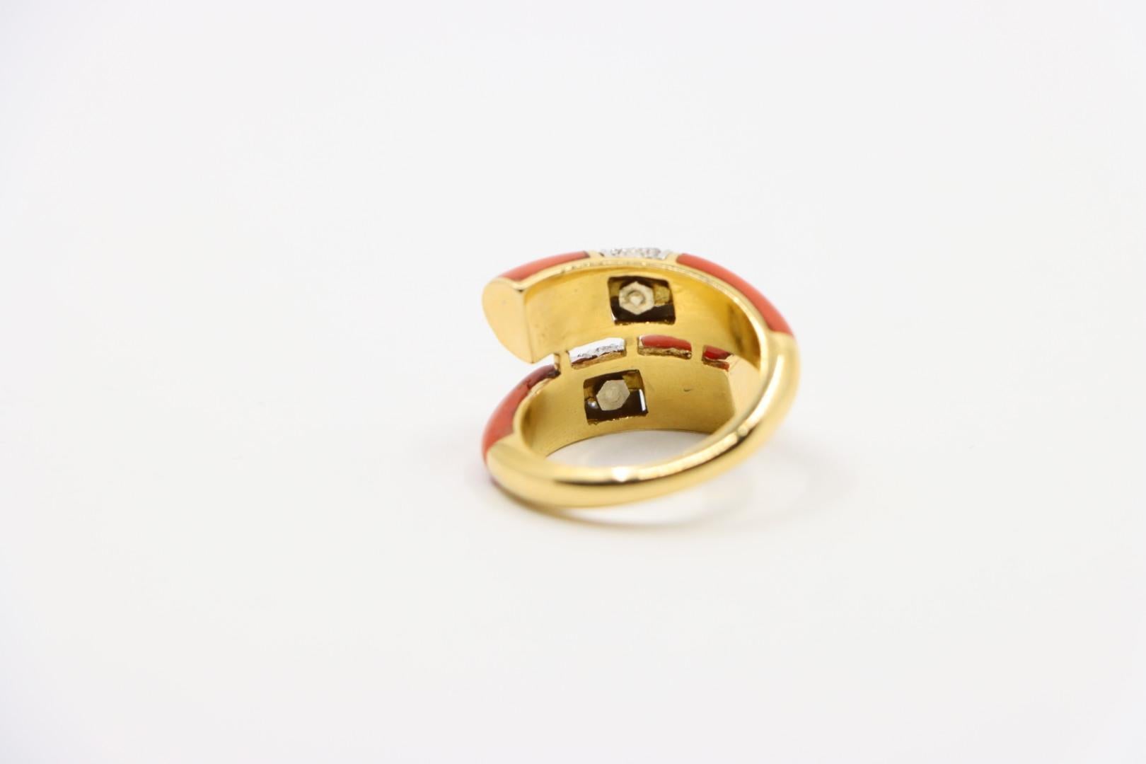 18K Gold Coral Diamonds Ring Bypass Ring For Sale 3