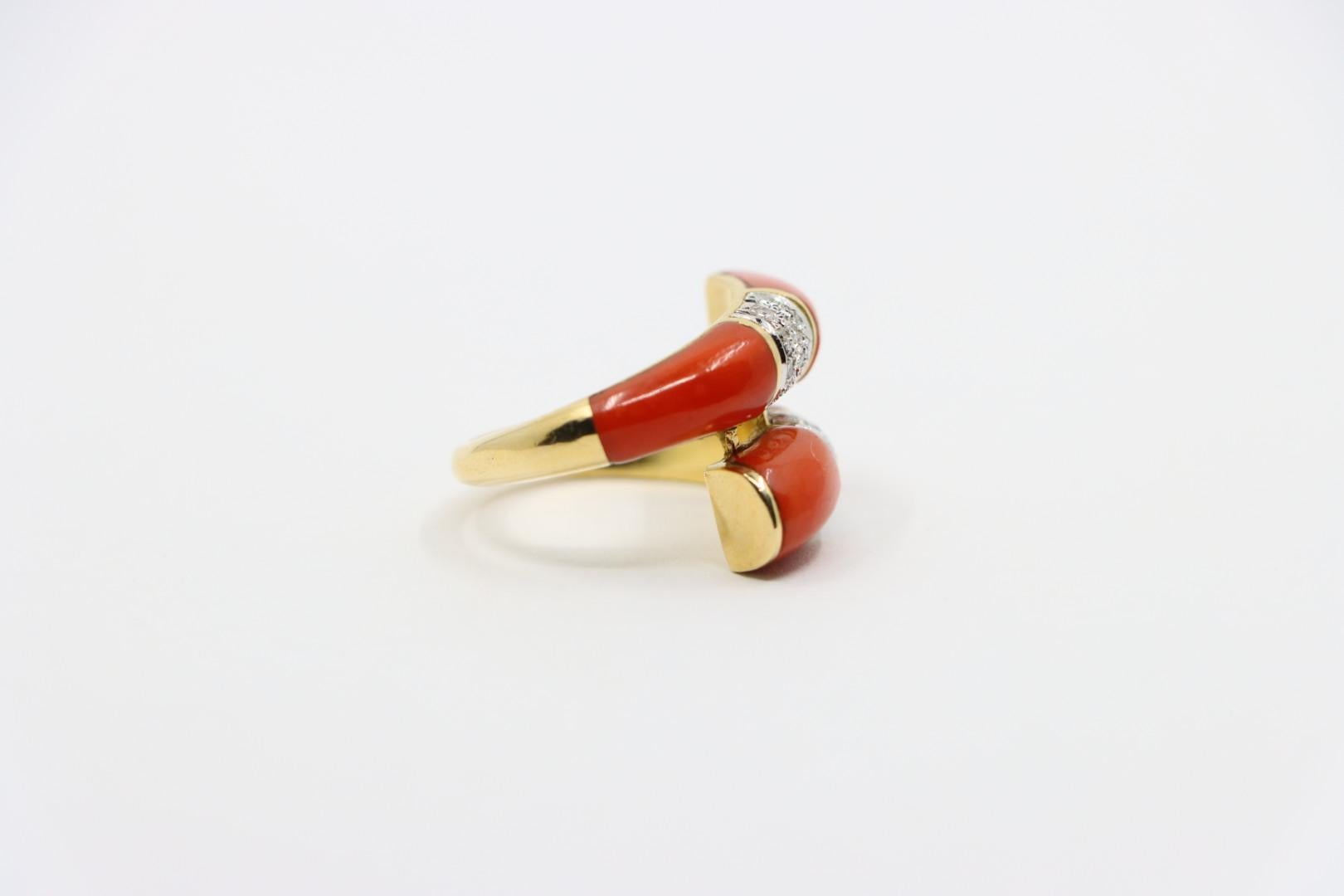 18K Gold Coral Diamonds Ring Bypass Ring For Sale 4