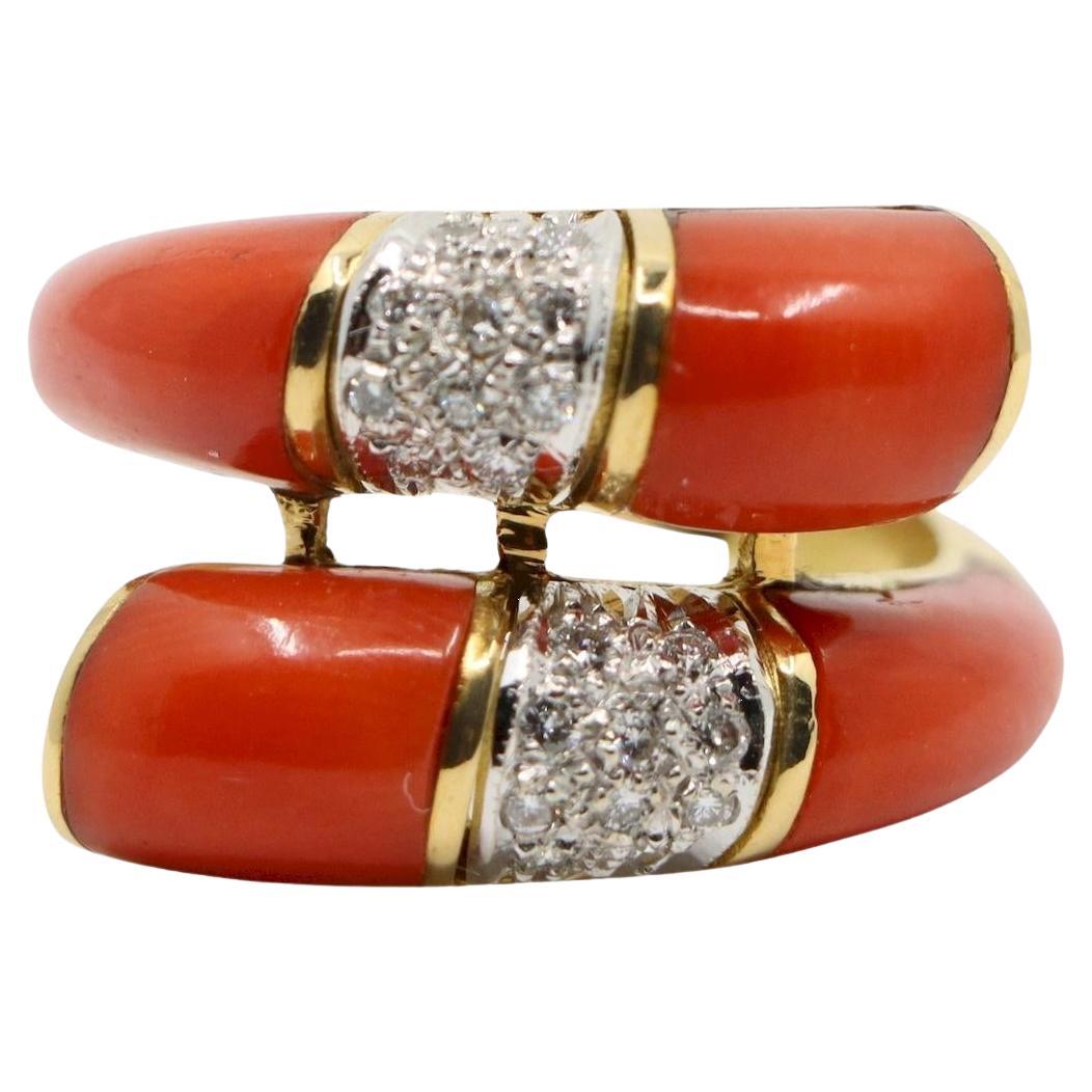 18K Gold Coral Diamonds Ring Bypass Ring