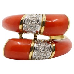 18K Gold Coral Diamonds Ring Bypass Ring