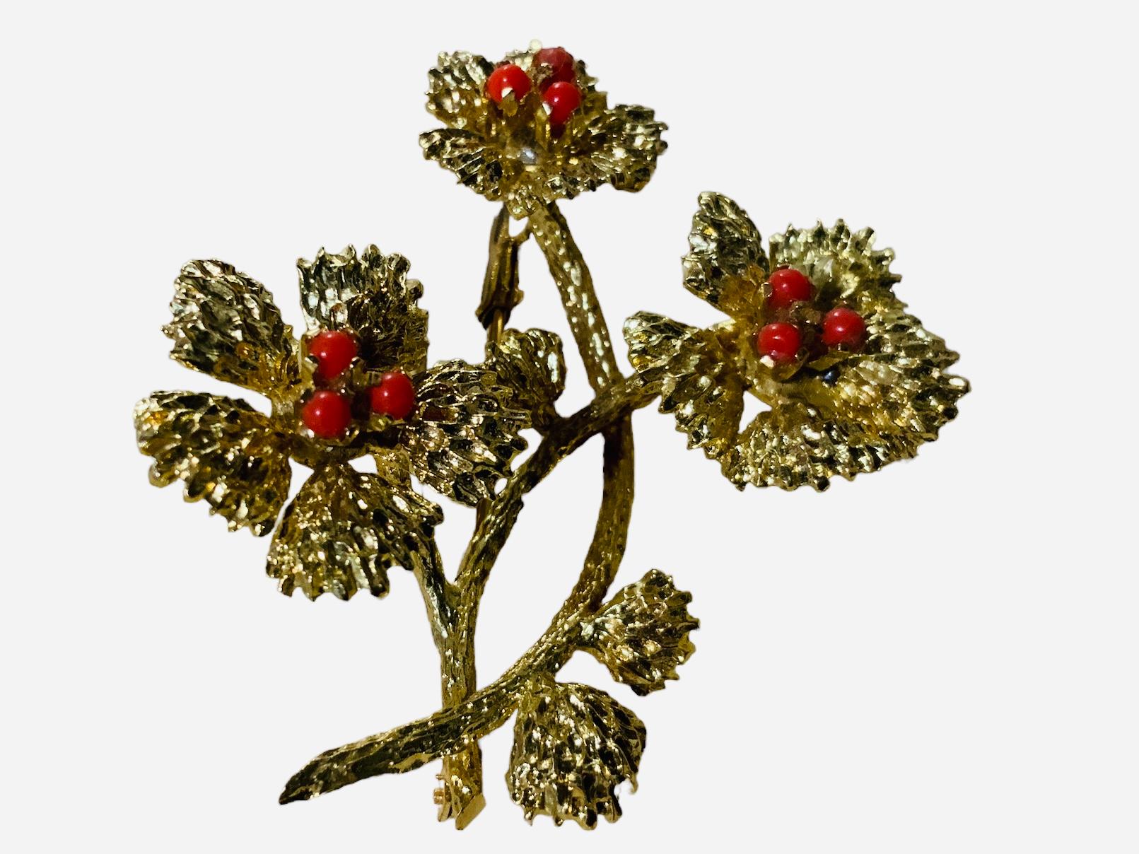 Bead 18K Gold Coral Flowers Brooch  For Sale