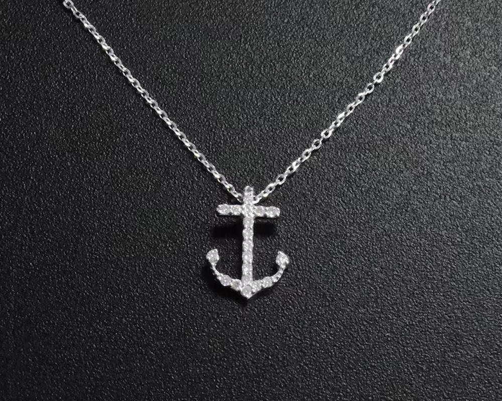 Round Cut 18K Gold Cross Anchor Necklace Sea Life Diamond Pendant Ocean Necklace For Sale