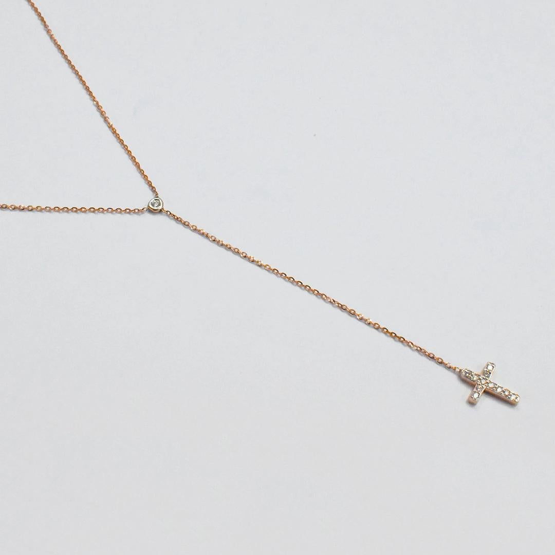 18k Gold Cross Lariat Necklace Diamond Lariat Necklace Cross Y Necklace In New Condition For Sale In Bangkok, TH