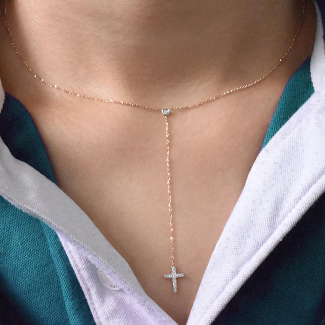 Women's or Men's 18k Gold Cross Lariat Necklace Diamond Lariat Necklace Cross Y Necklace For Sale