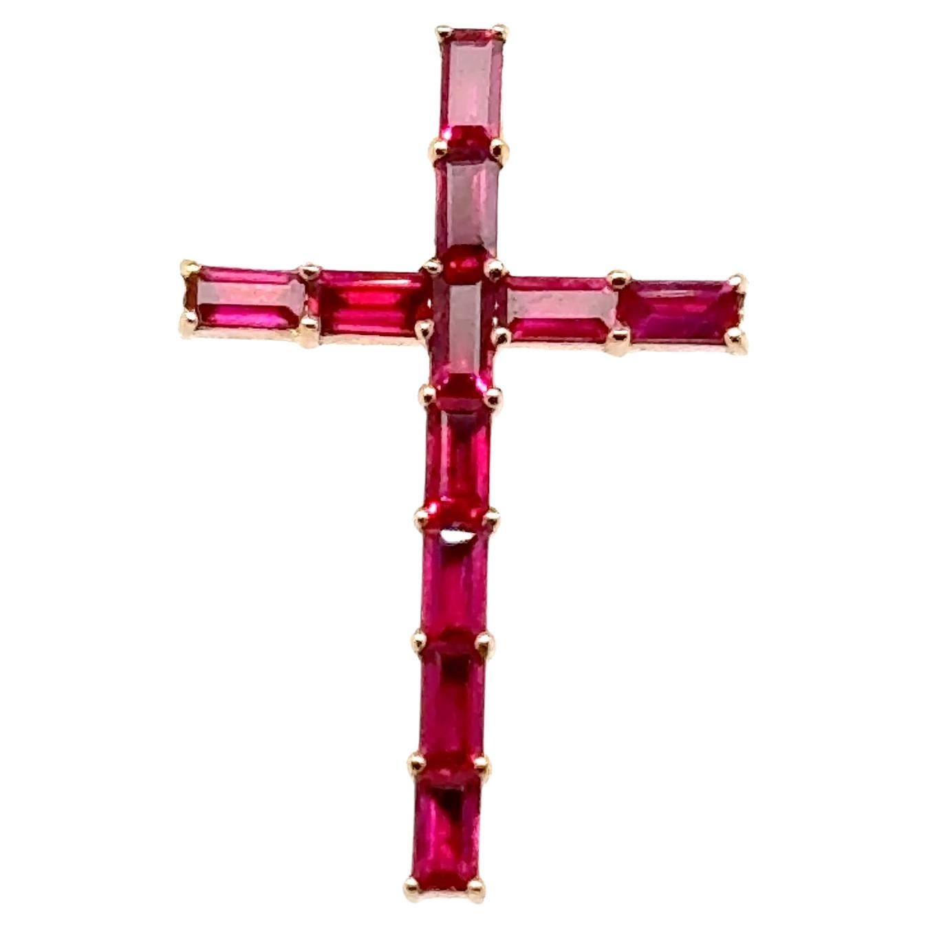 18k Gold Cross Pendant with 11 Burmese Baguette Rubies Cts 0.74