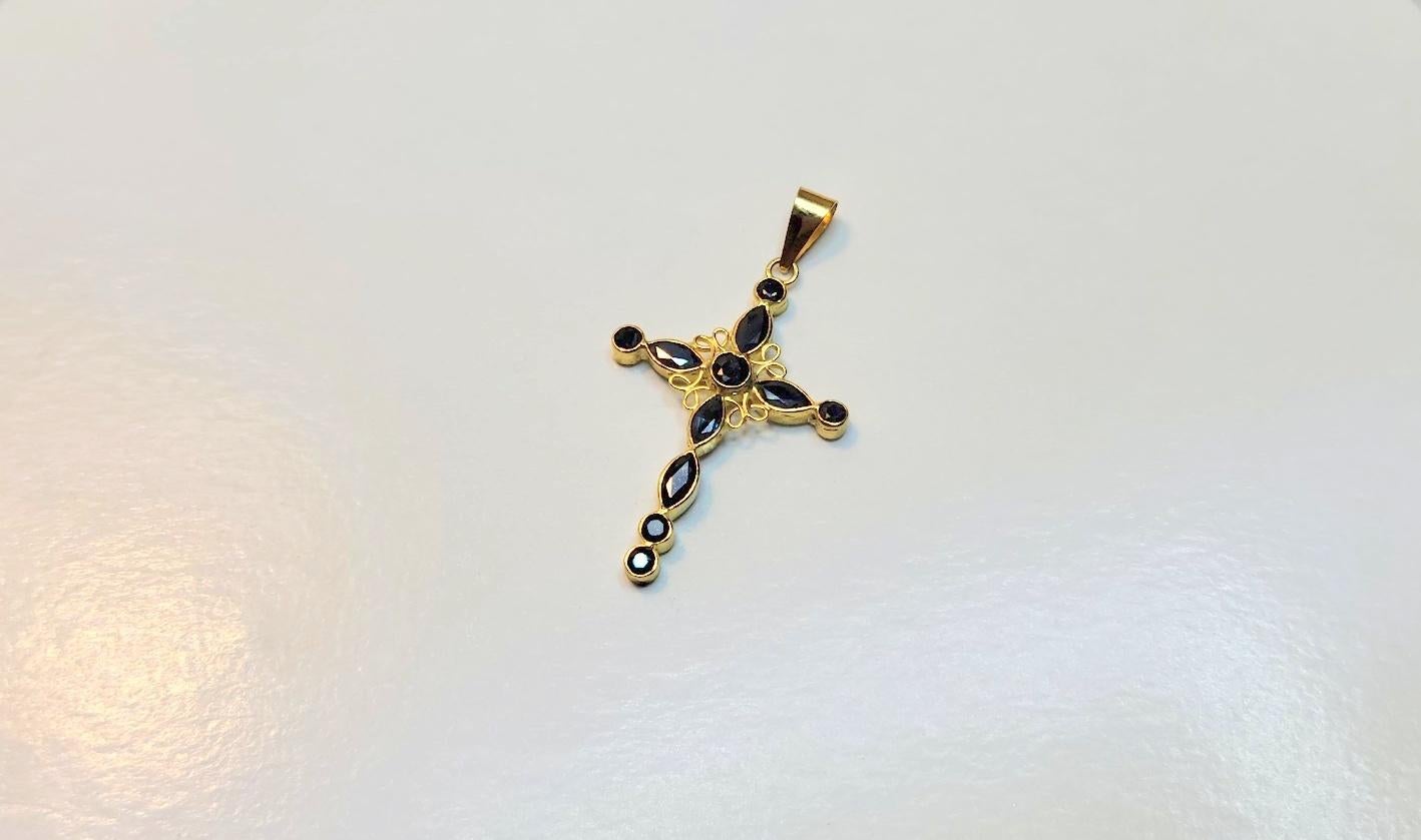 Marquise Cut 18K Gold Cross with Blue Sapphire Pendant For Sale