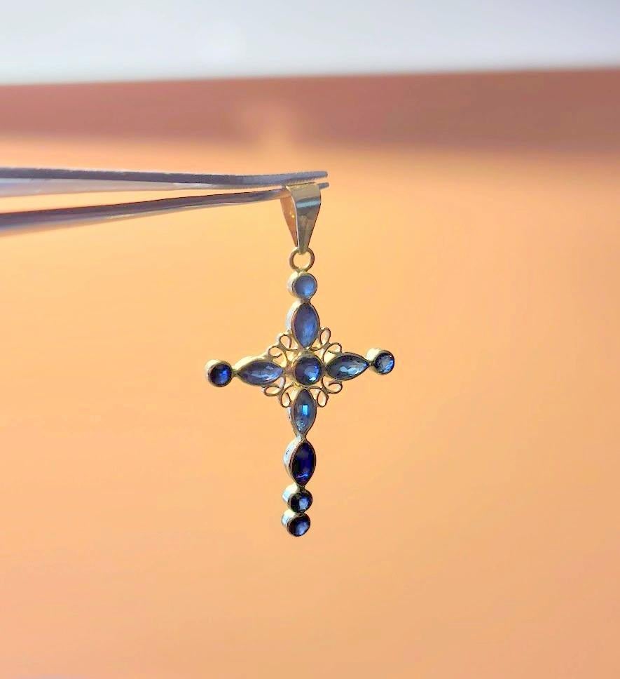 Women's or Men's 18K Gold Cross with Blue Sapphire Pendant For Sale