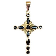 18K Gold Cross with Blue Sapphire Pendant
