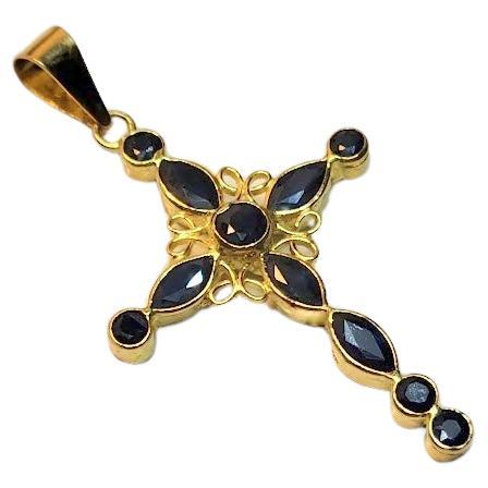 18K Gold Cross with Blue Sapphire Pendant For Sale