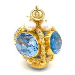 18k Gold Crown Pendant w Synthetic Spinel and Cultured Pearls 36g 1-5/8 x 1-1/2"