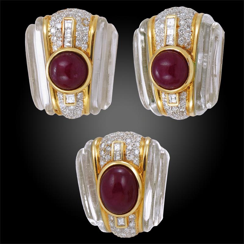 Round Cut 18 Karat Gold Crystal, Cabochon Ruby and Diamond Earrings Suite