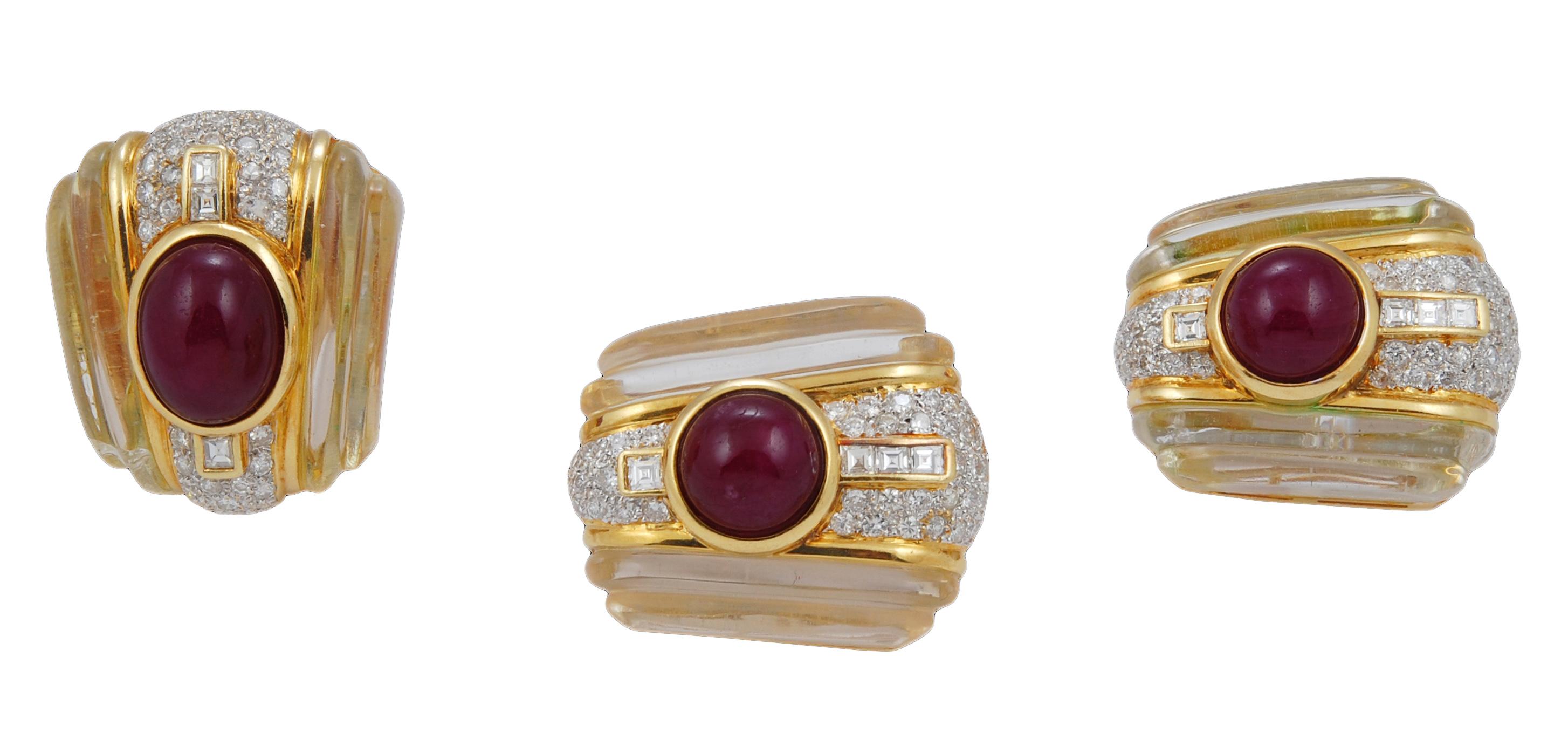 18 Karat Gold Crystal, Cabochon Ruby and Diamond Earrings Suite In Good Condition In New York, NY