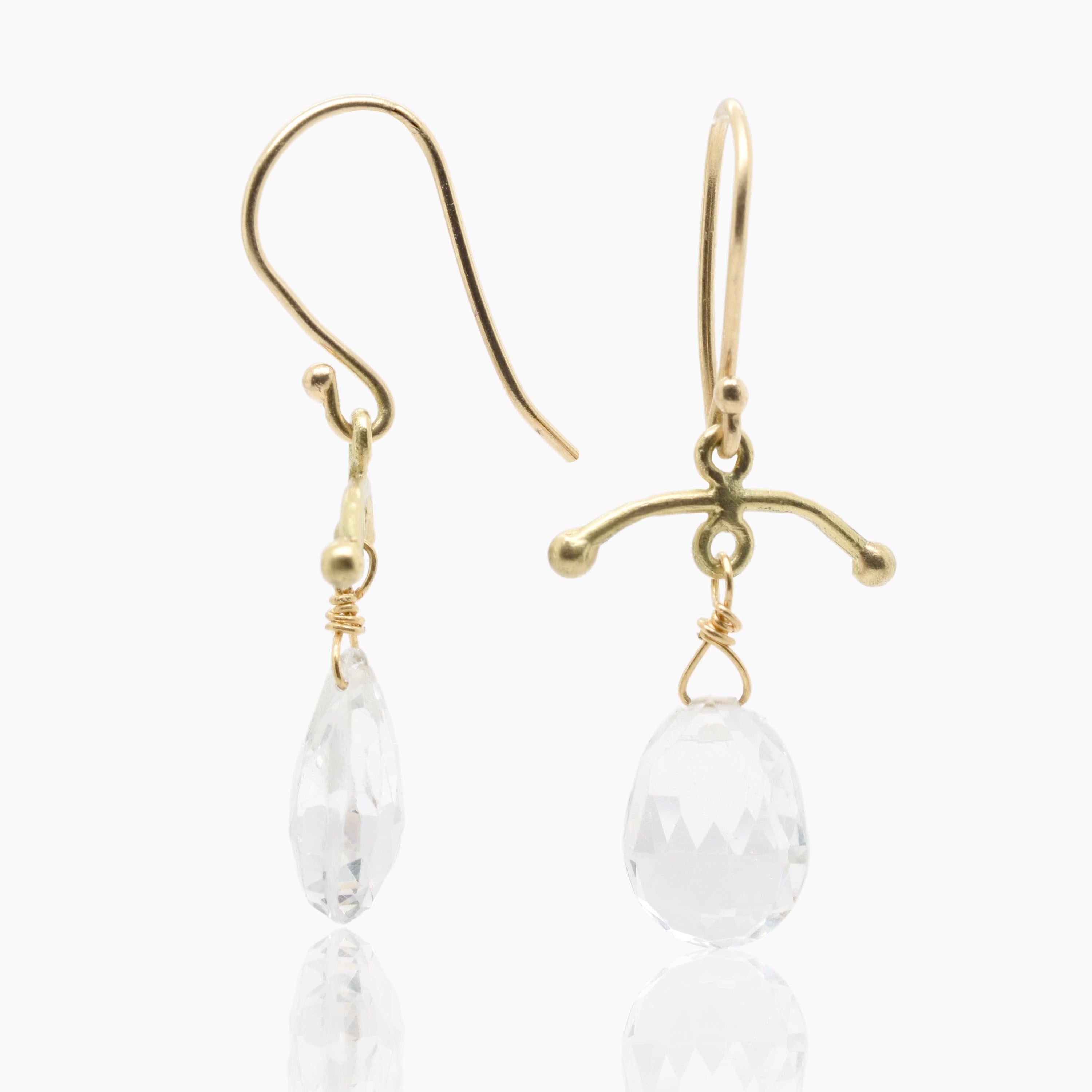 These simple classic earrings are a great everyday pair.  You can dress them up or down.  An 18K gold element, inspired by watch fobs, has a sparkly faceted rock crystal briolette wire wrapped in 22K gold.  The ear wires are 18K gold, stamped and