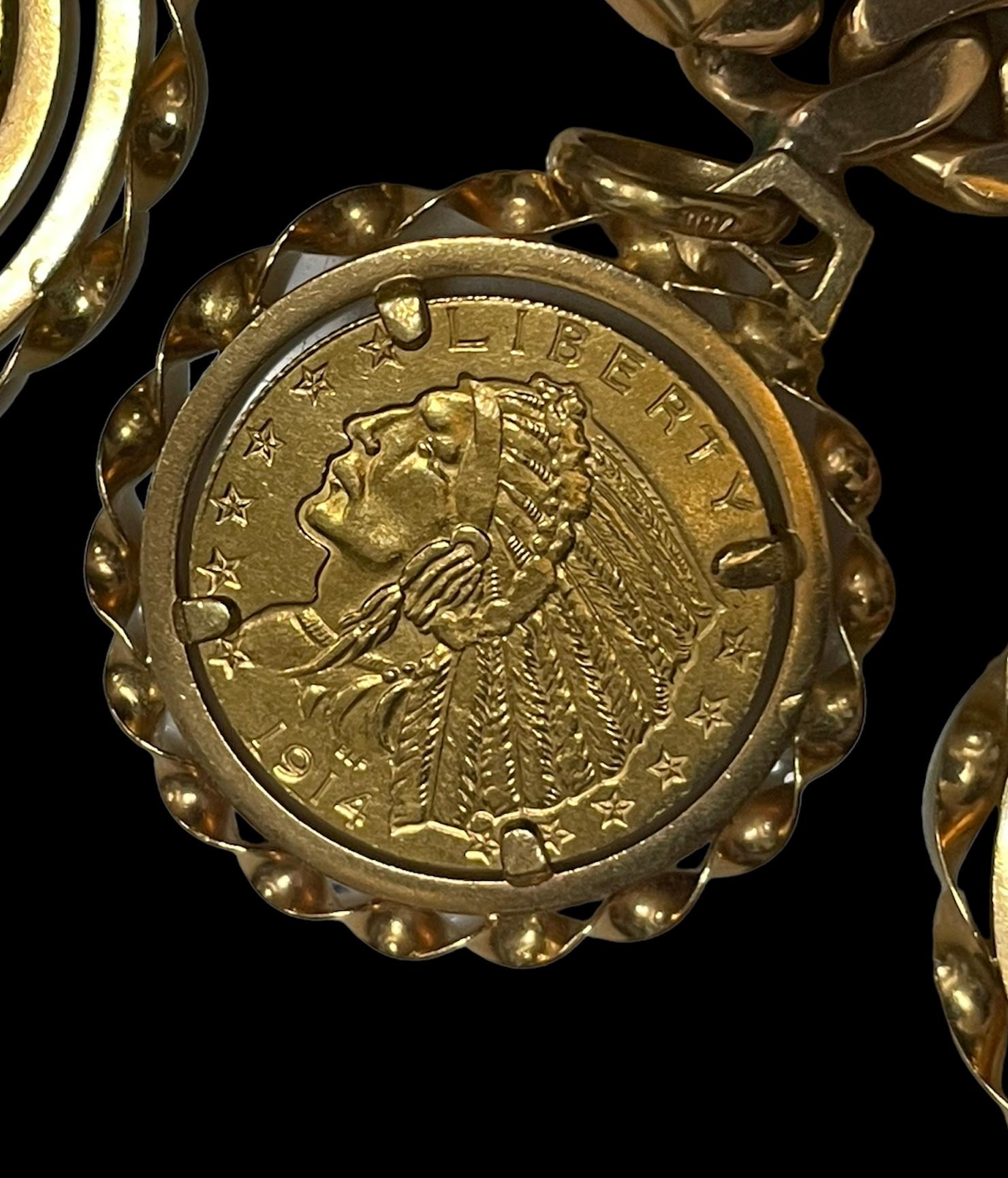 Bracciale A Link Cubano in oro 18 carati con dieci charme di monete in vendita 11