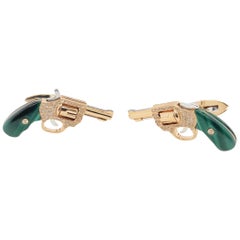 18K Gold Cufflinks with Diamonds and Malachite or Black Wood or White Shell