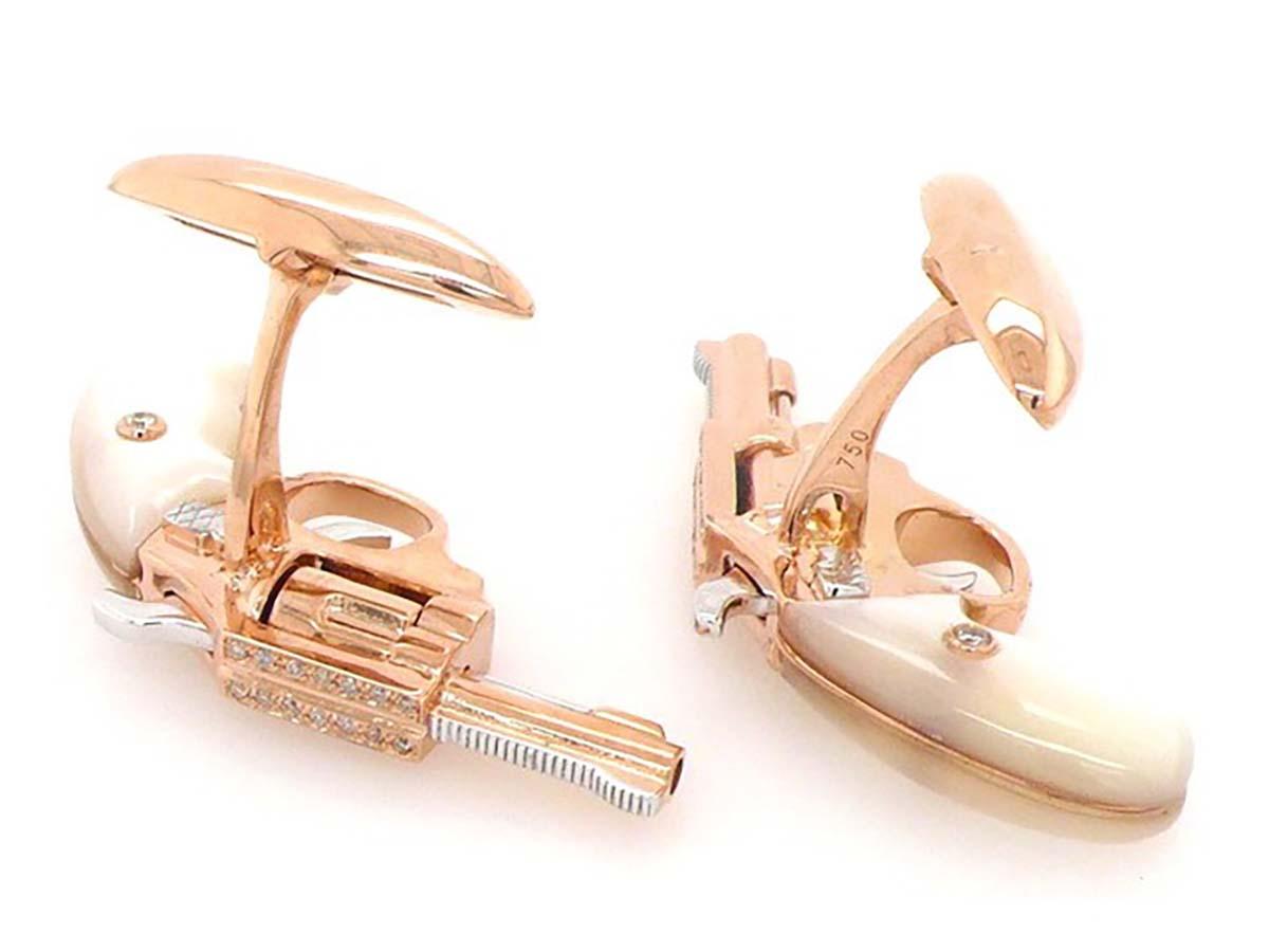 18K Gold Cufflinks with Diamonds and Malachite or Black Wood or White Shell For Sale 7