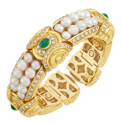 18 Karat Gold, Cultered Pearl, Cabochon Emerald and Diamond Bangle Bracelet