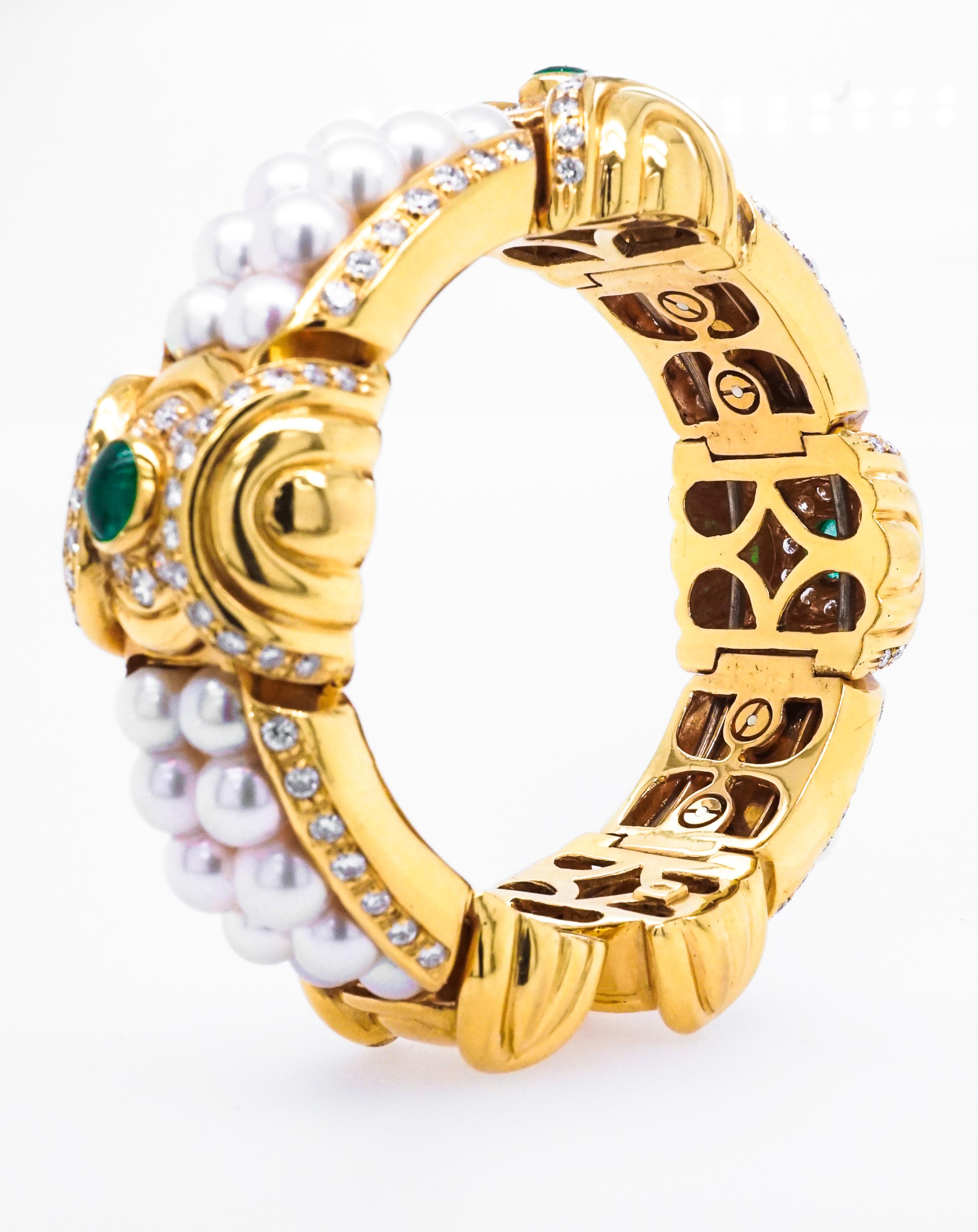 Art Deco 18 Karat Gold, Cultered Pearl, Cabochon Emerald and Diamond Bangle Bracelet