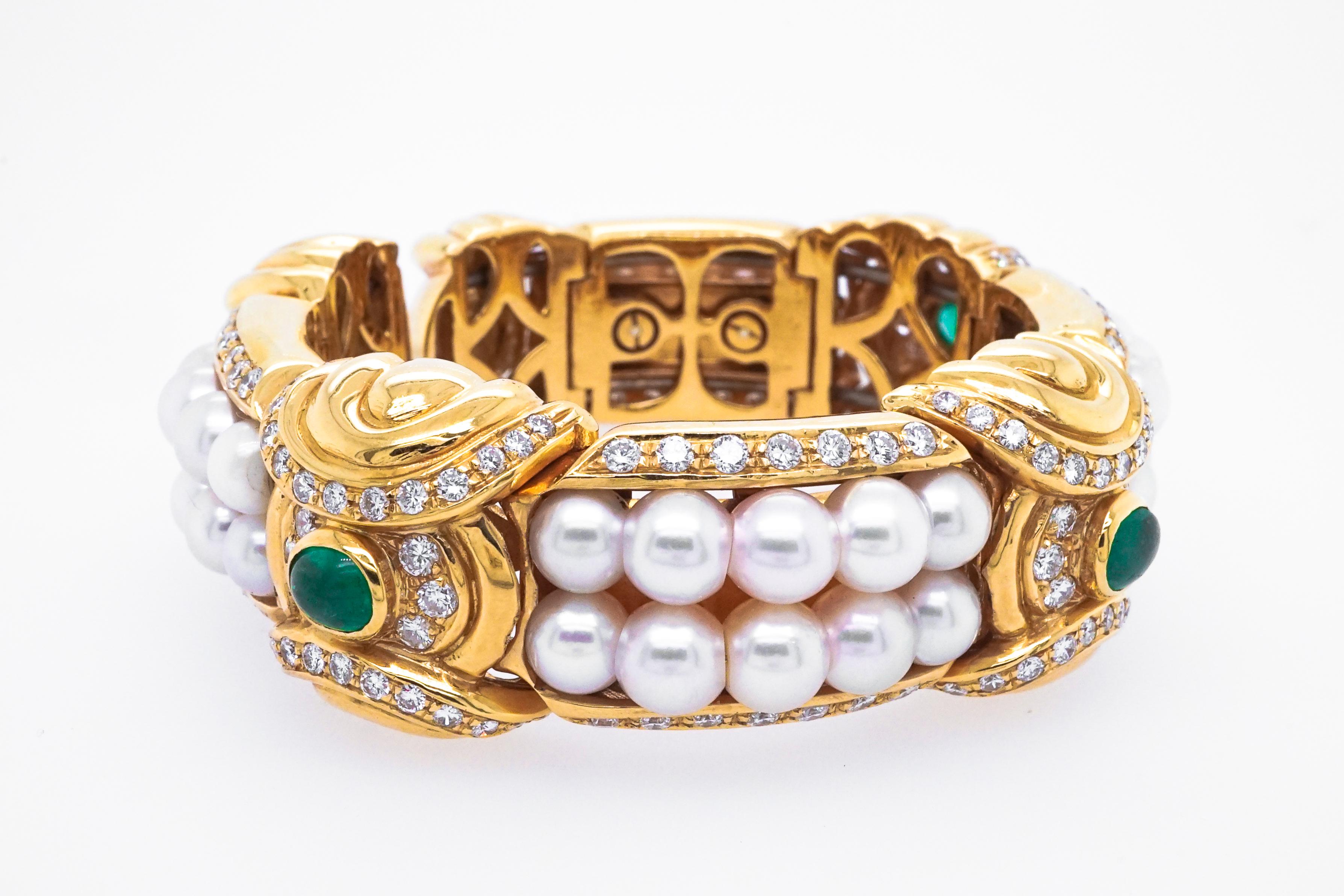 Oval Cut 18 Karat Gold, Cultered Pearl, Cabochon Emerald and Diamond Bangle Bracelet