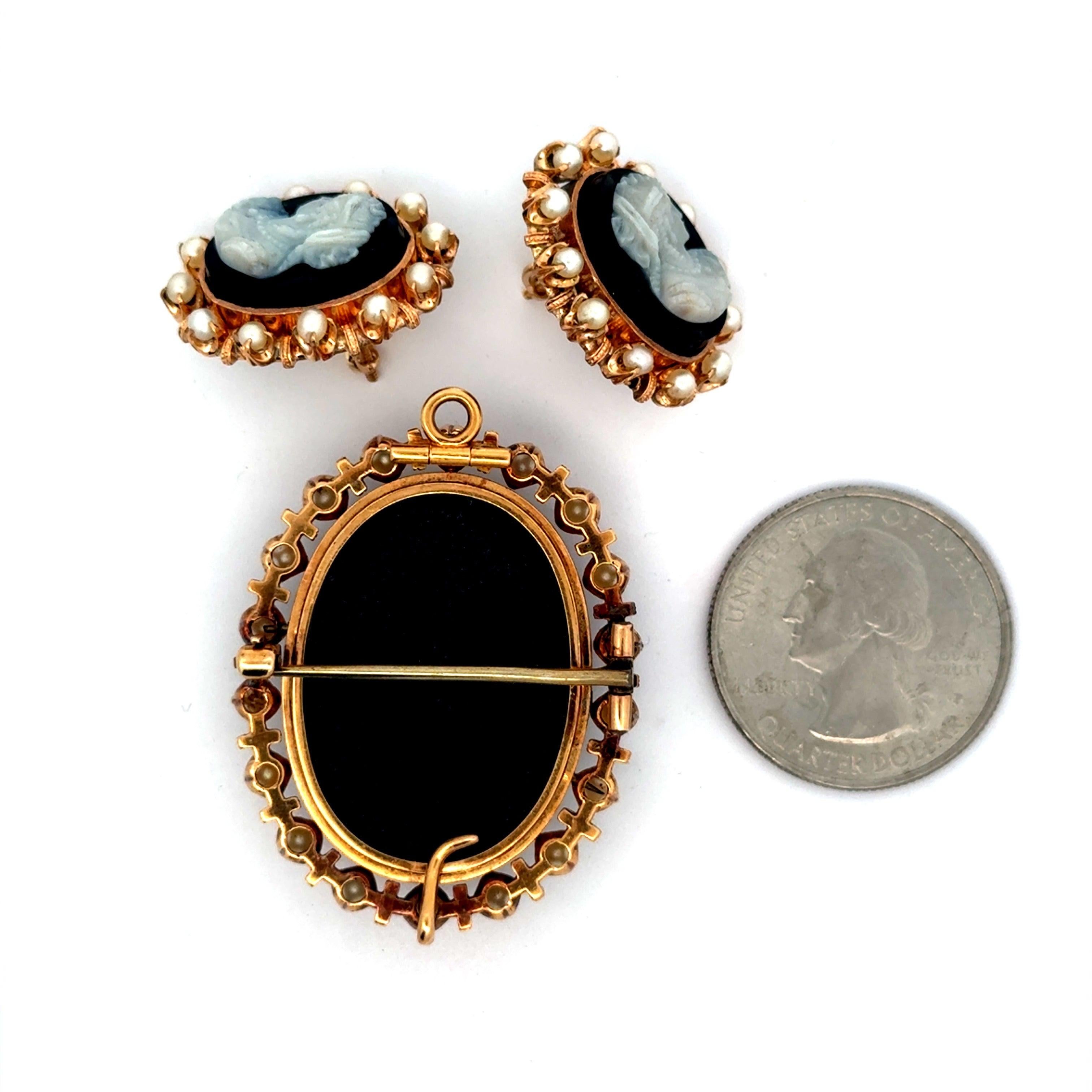 18K Gold Cultured Pearl Cameo Earrings and Brooch Suite For Sale 6