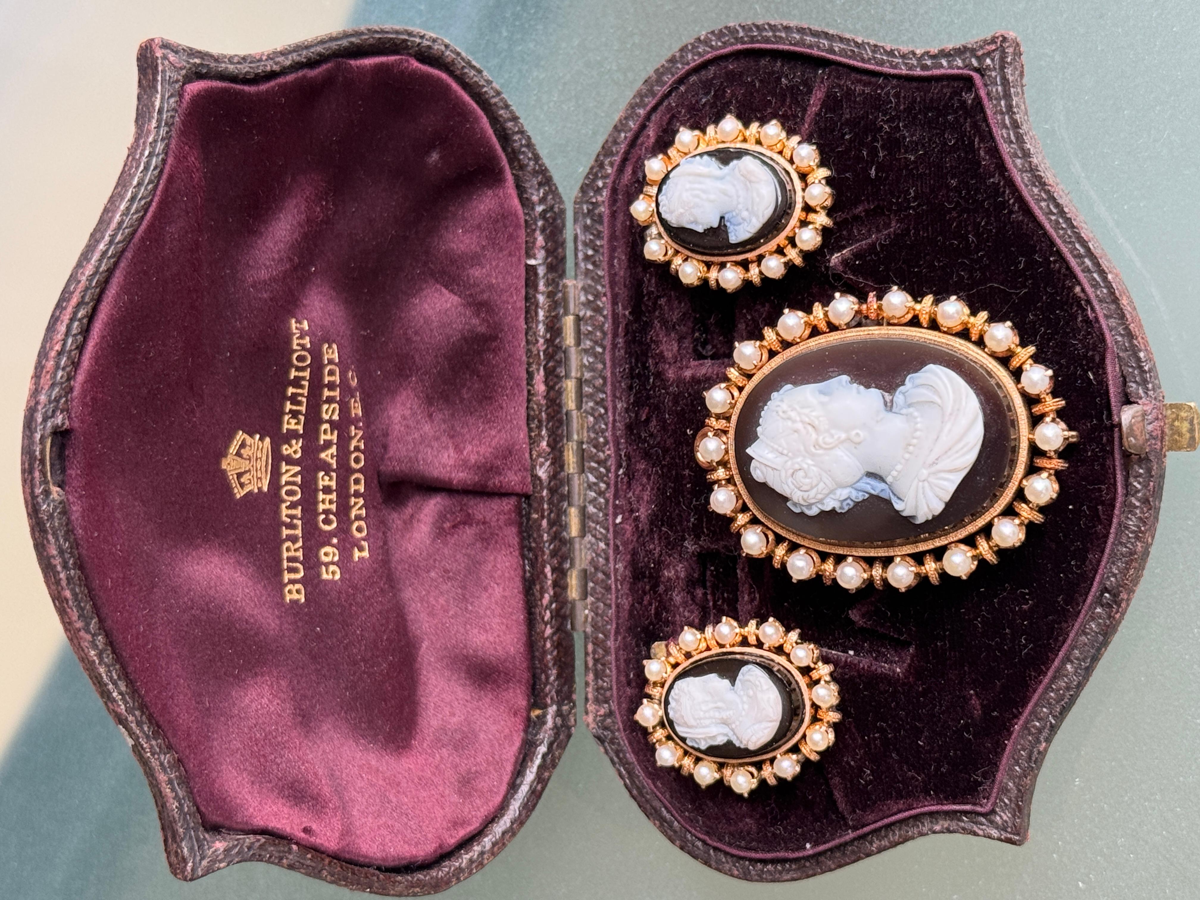 Victorian 18K Gold Cultured Pearl Cameo Earrings and Brooch Suite For Sale