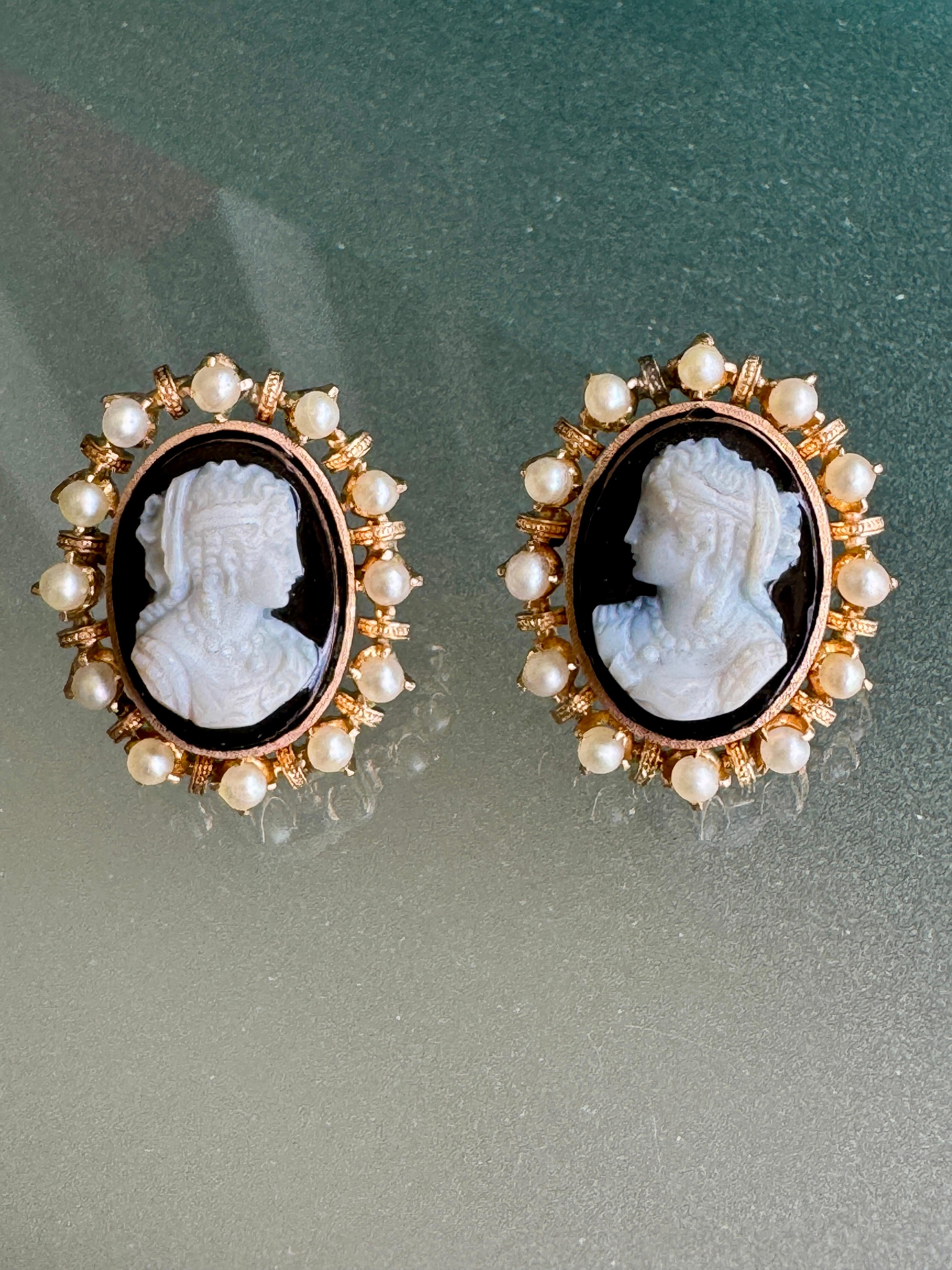 18K Gold Cultured Pearl Cameo Earrings and Brooch Suite For Sale 2