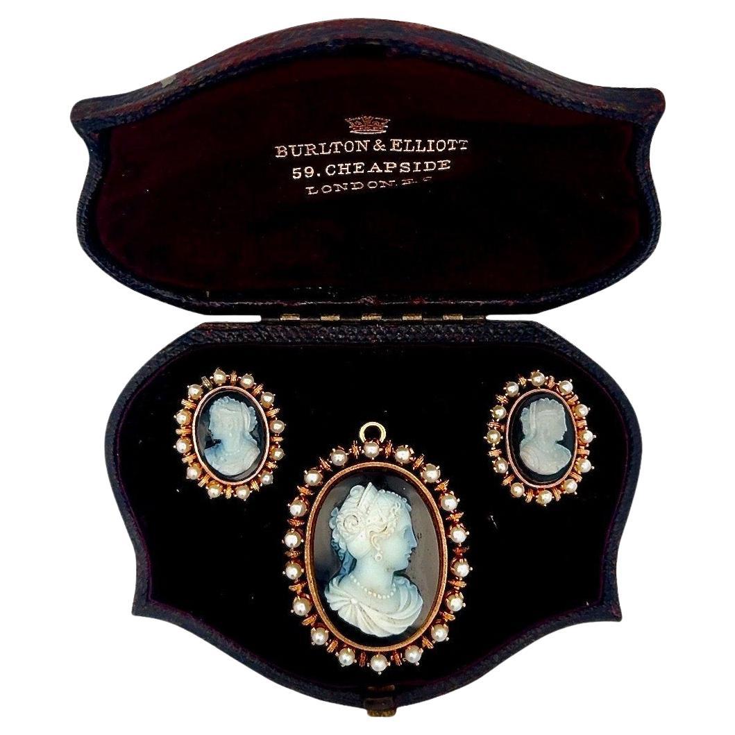 18K Gold Cultured Pearl Cameo Earrings and Brooch Suite For Sale