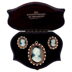 18K Gold Cultured Pearl Cameo Earrings and Brooch Suite