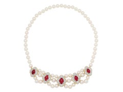 18K Gold Cultured Pearl, Ruby & Diamond Fringe Necklace