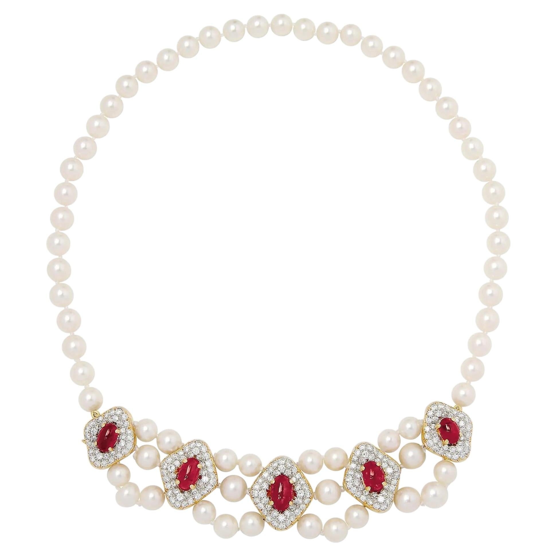 Collar con Flecos de Perlas Cultivadas, Rubíes y Diamantes de Oro de 18 K en venta