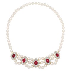 18K Gold Cultured Pearl, Ruby & Diamond Fringe Necklace