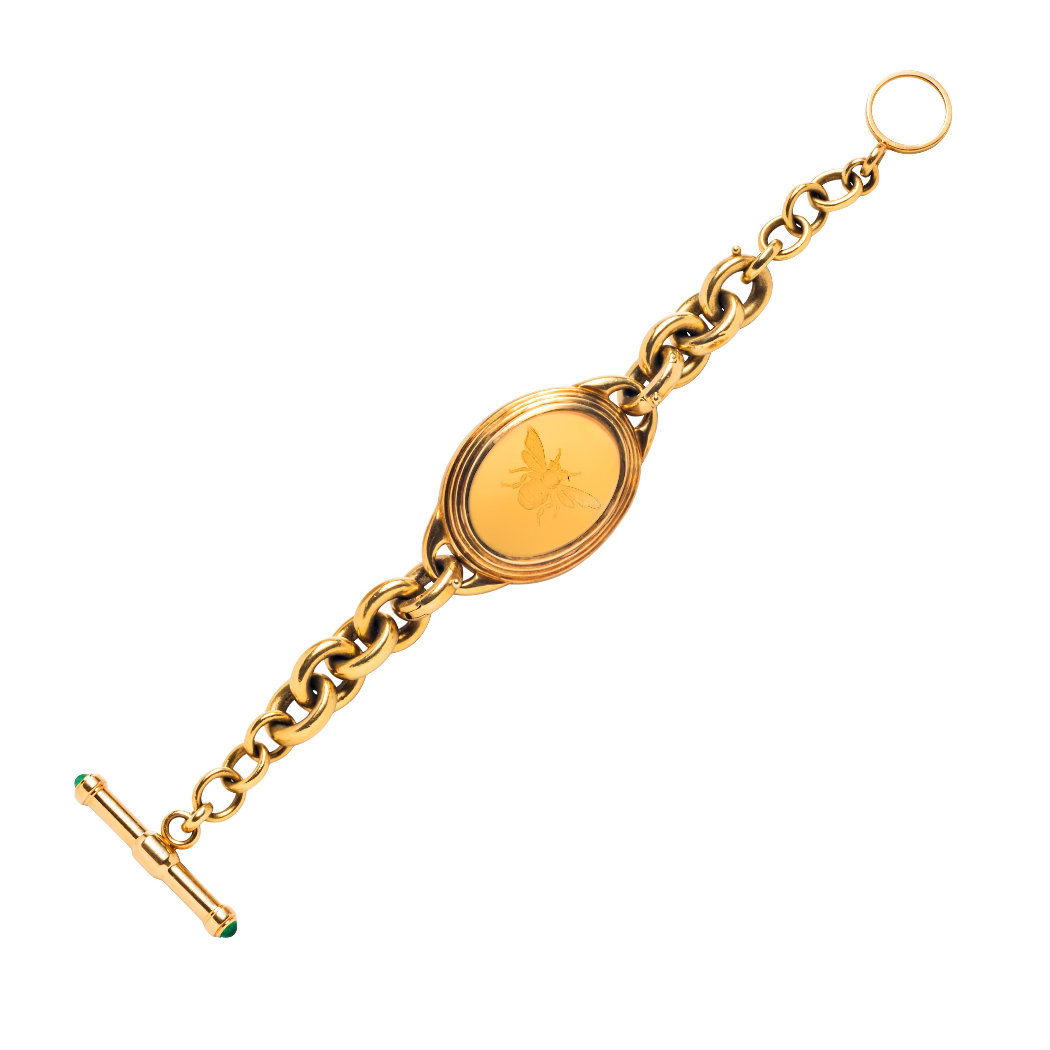 Retro 18k Gold Curb Link Bracelet with Interchangeable Citrine and Tourmaline Center For Sale