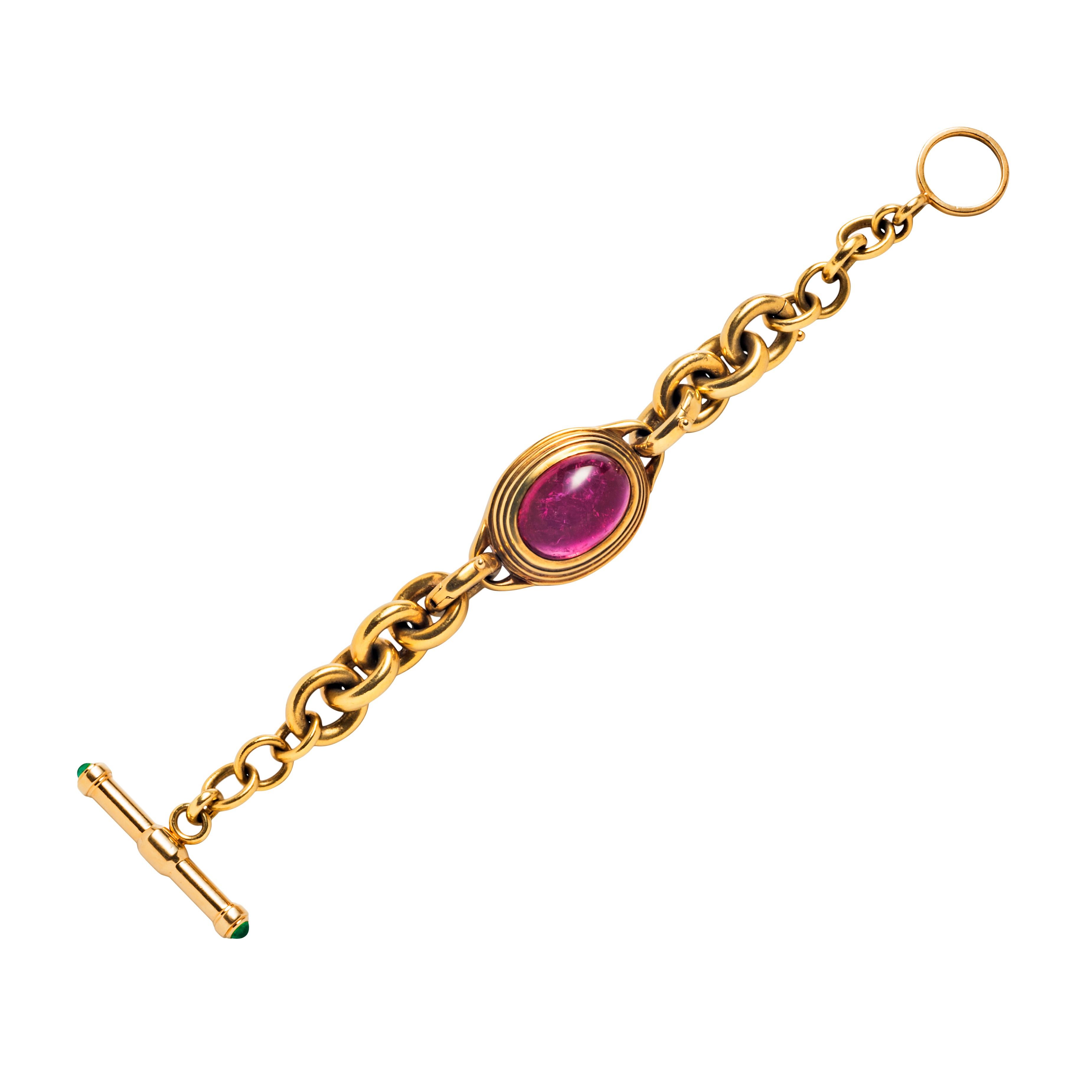 Cabochon 18k Gold Curb Link Bracelet with Interchangeable Citrine and Tourmaline Center For Sale