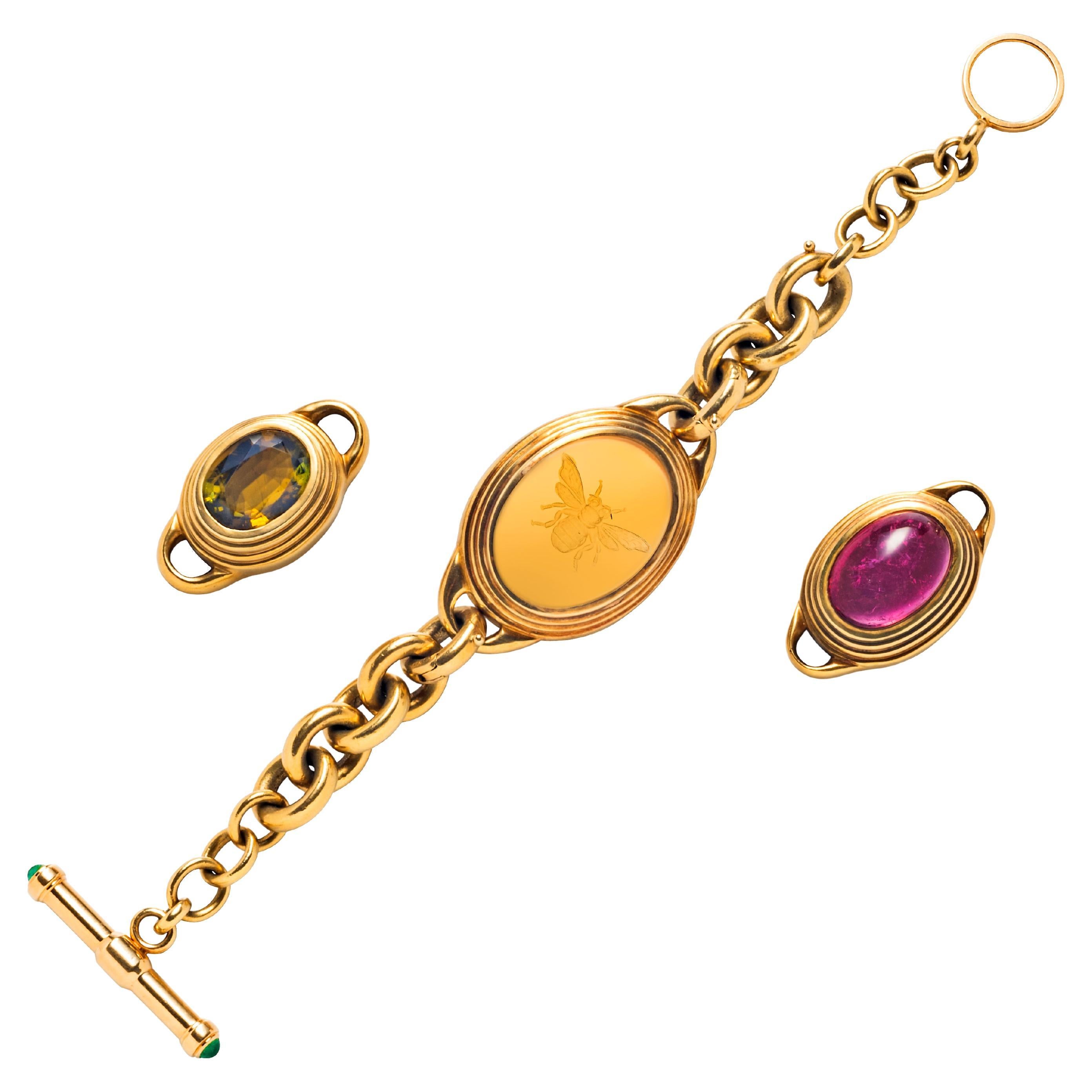18k Gold Curb Link Bracelet with Interchangeable Citrine and Tourmaline Center For Sale