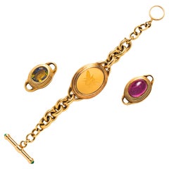 Retro 18k Gold Curb Link Bracelet with Interchangeable Citrine and Tourmaline Center