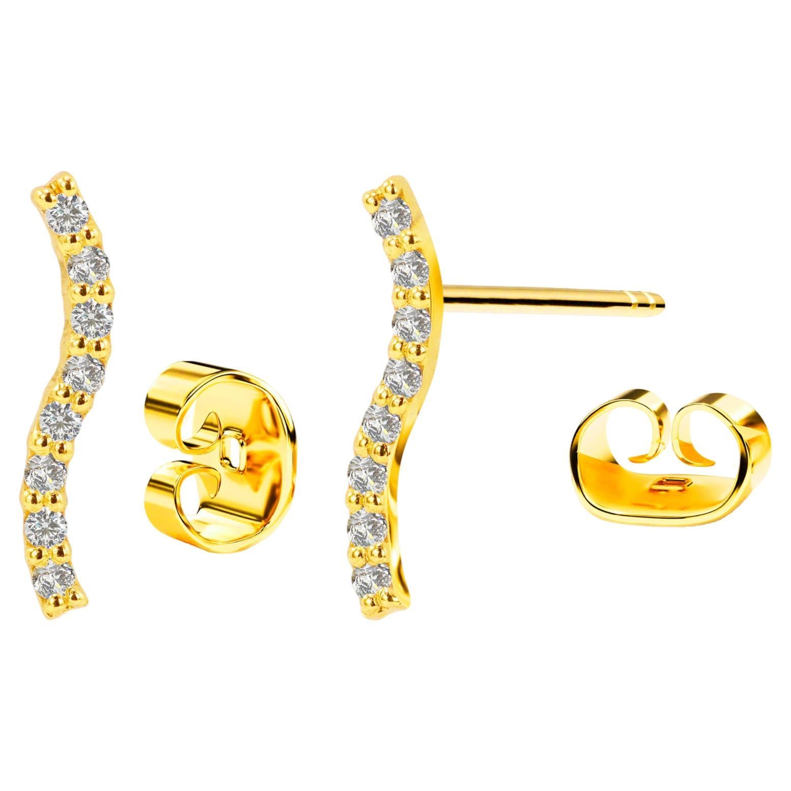 18k Gold Curved Bar Earrings Diamond Studs Minimalist Trendy Earrings For Sale