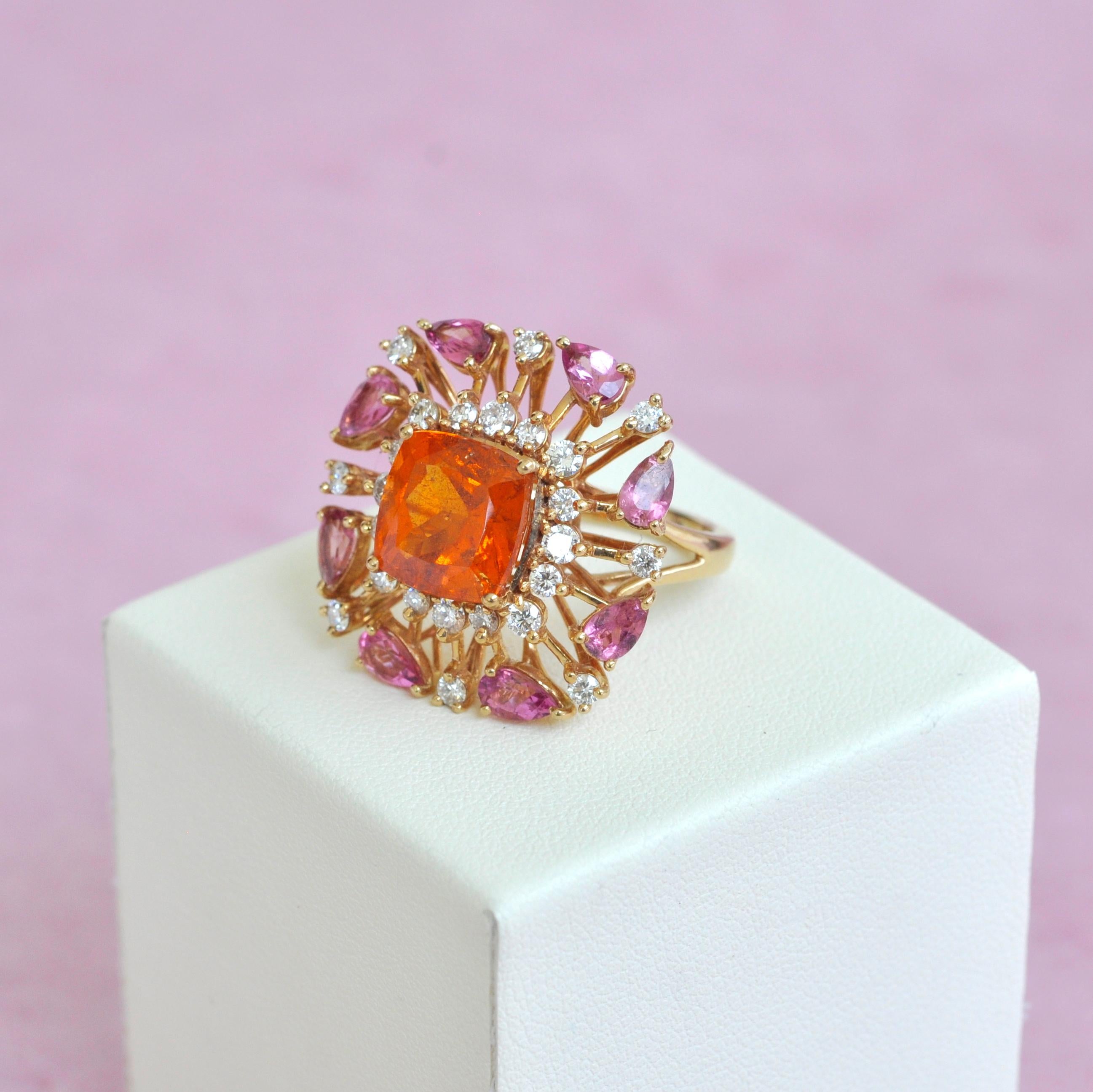 18 Karat Gold Spessartine Cushion Mandarin Garnet Pink Tourmaline Diamond Ring 5