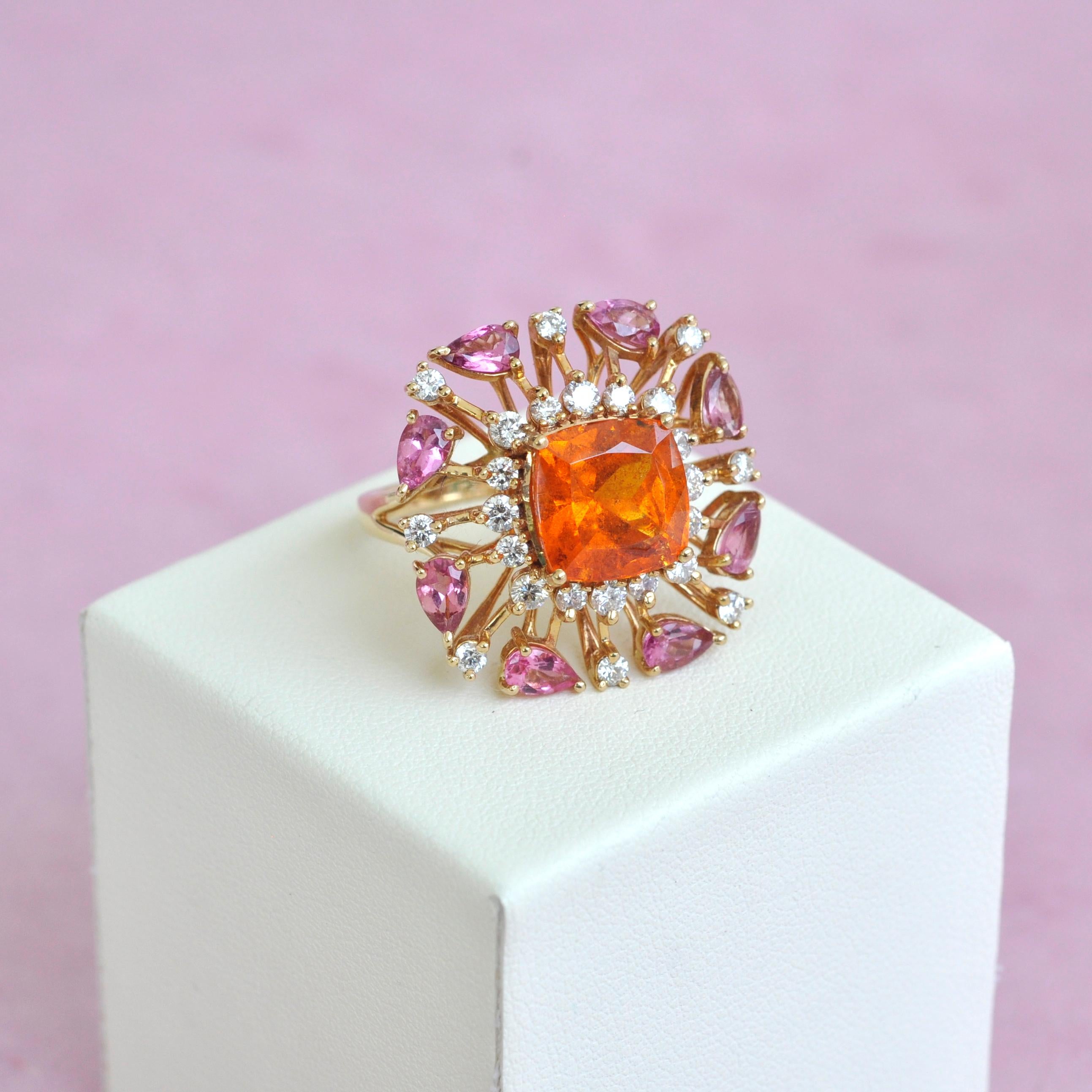 18 Karat Gold Spessartine Cushion Mandarin Garnet Pink Tourmaline Diamond Ring 6
