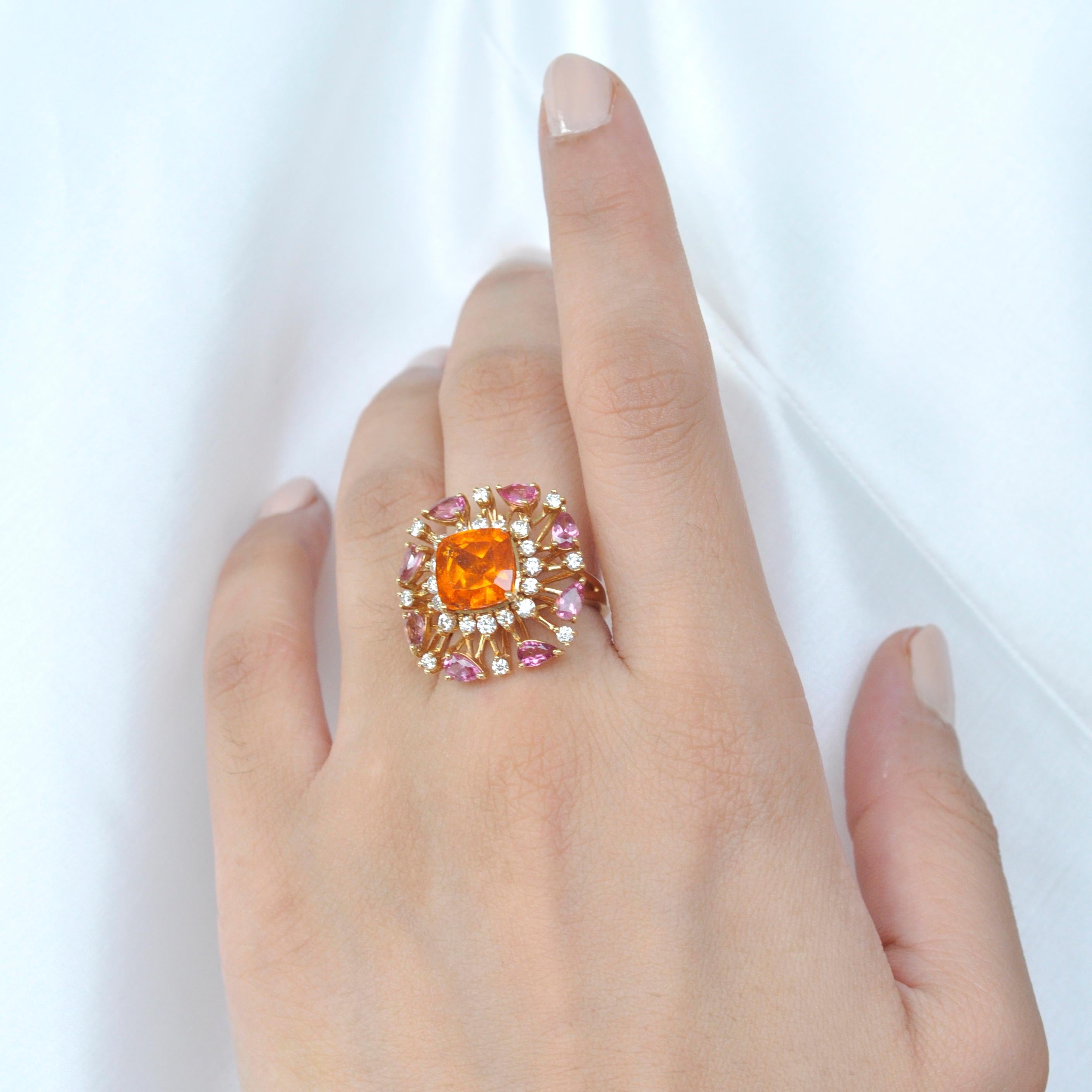 18 Karat Gold Spessartine Cushion Mandarin Garnet Pink Tourmaline Diamond Ring 7