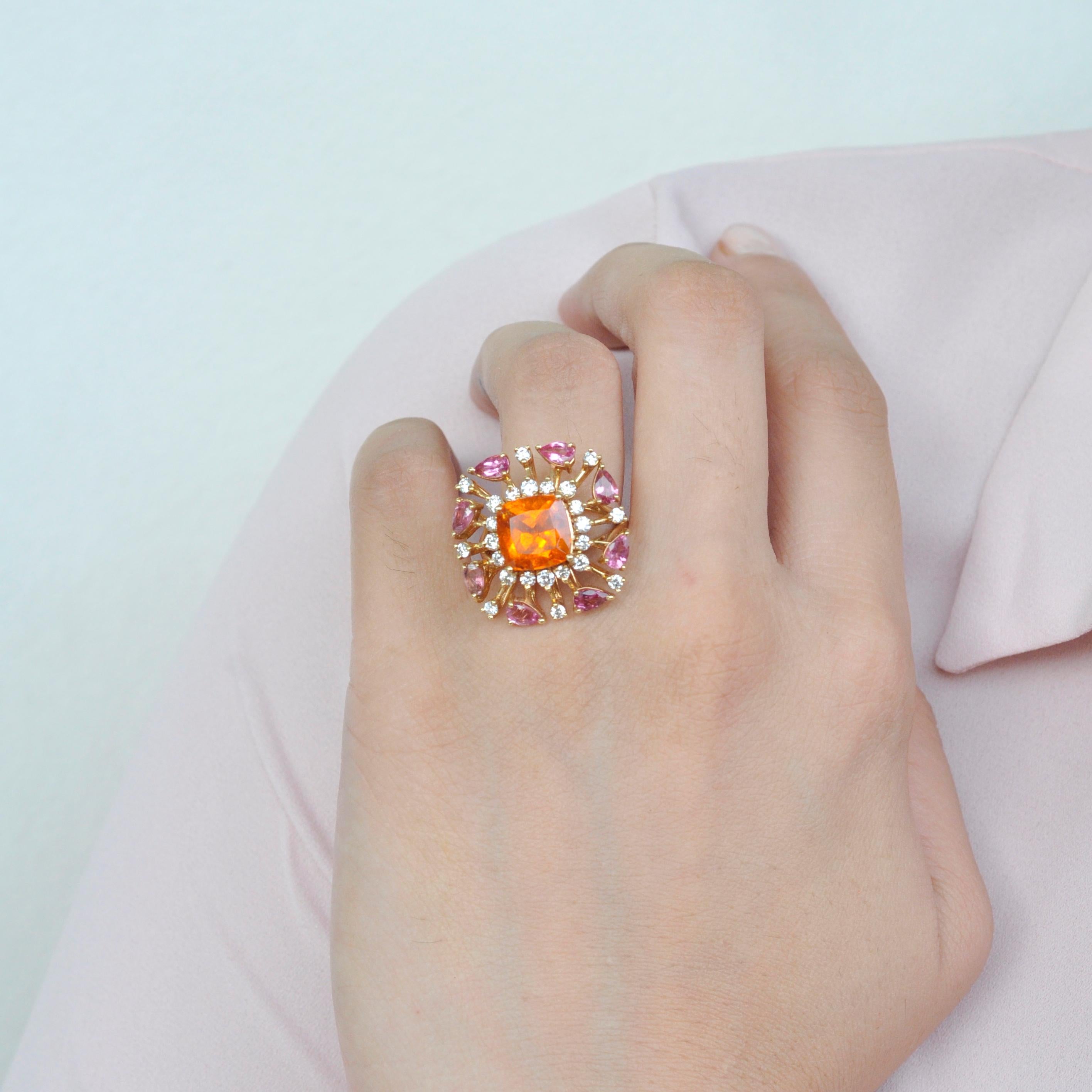Contemporary 18 Karat Gold Spessartine Cushion Mandarin Garnet Pink Tourmaline Diamond Ring