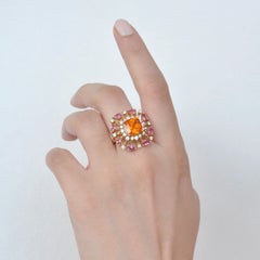 18 Karat Gold Spessartine Cushion Mandarin Garnet Pink Tourmaline Diamond Ring