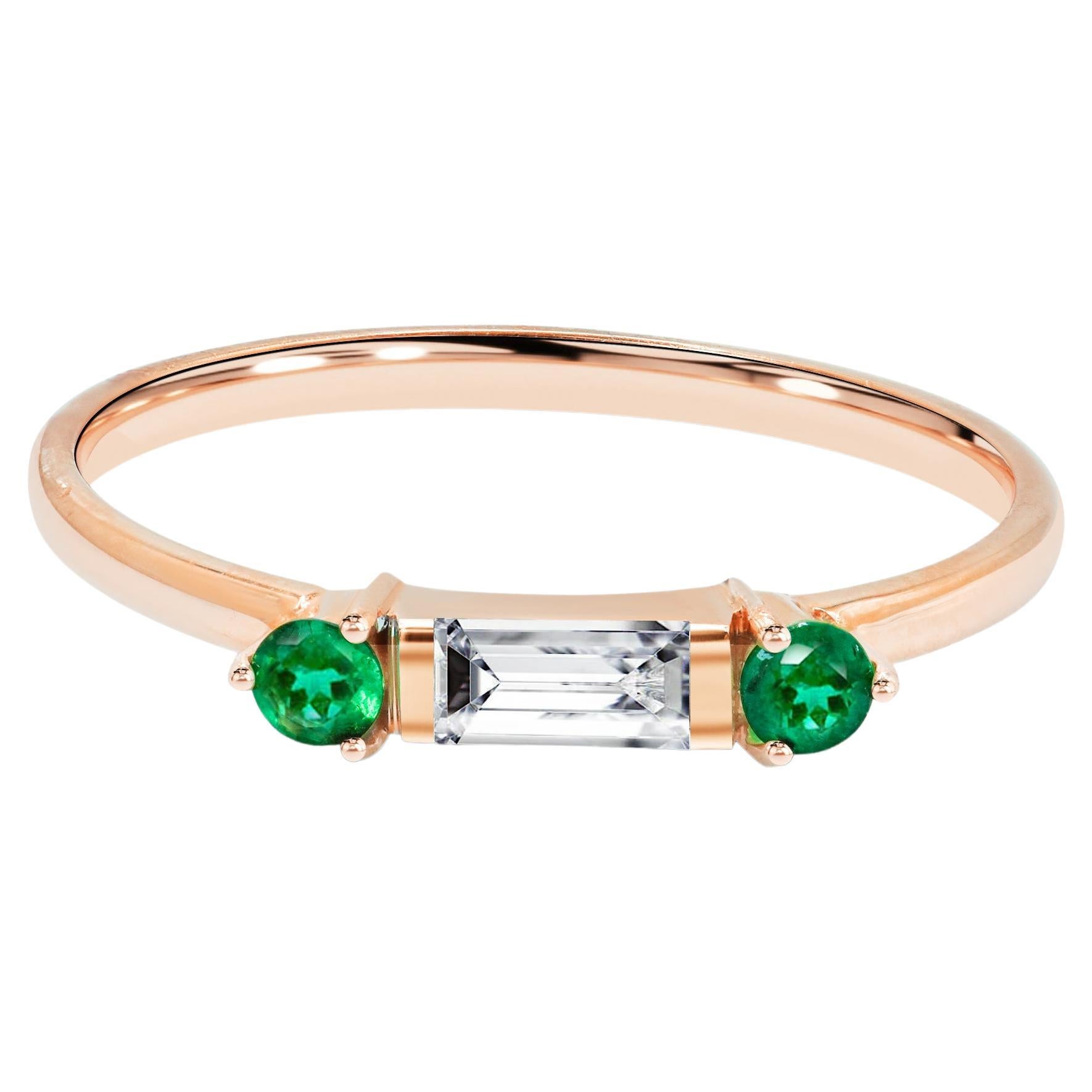 18k Gold Dainty Baguette Diamond Ring with Emerald Minimal Ring